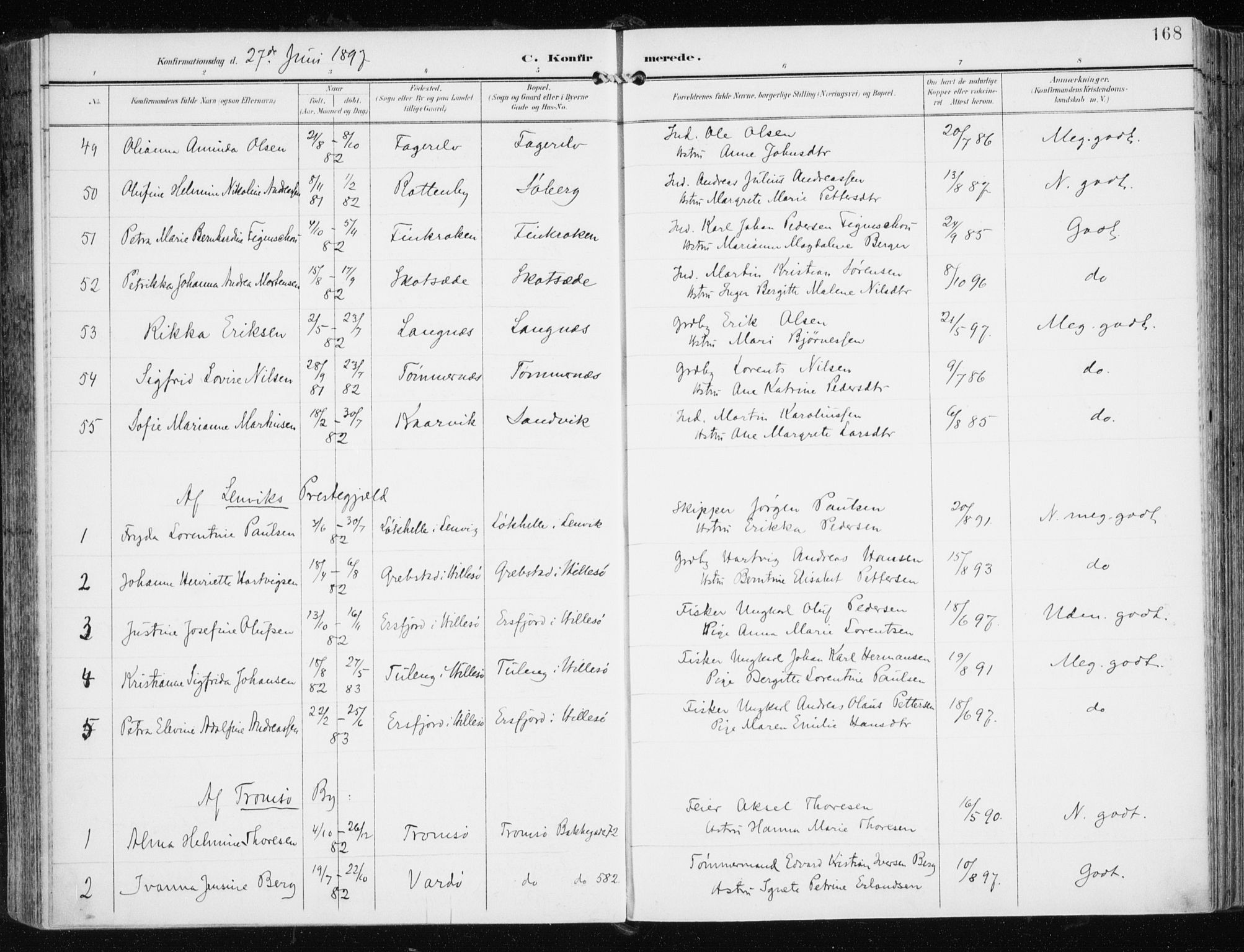 Tromsøysund sokneprestkontor, AV/SATØ-S-1304/G/Ga/L0006kirke: Parish register (official) no. 6, 1897-1906, p. 168