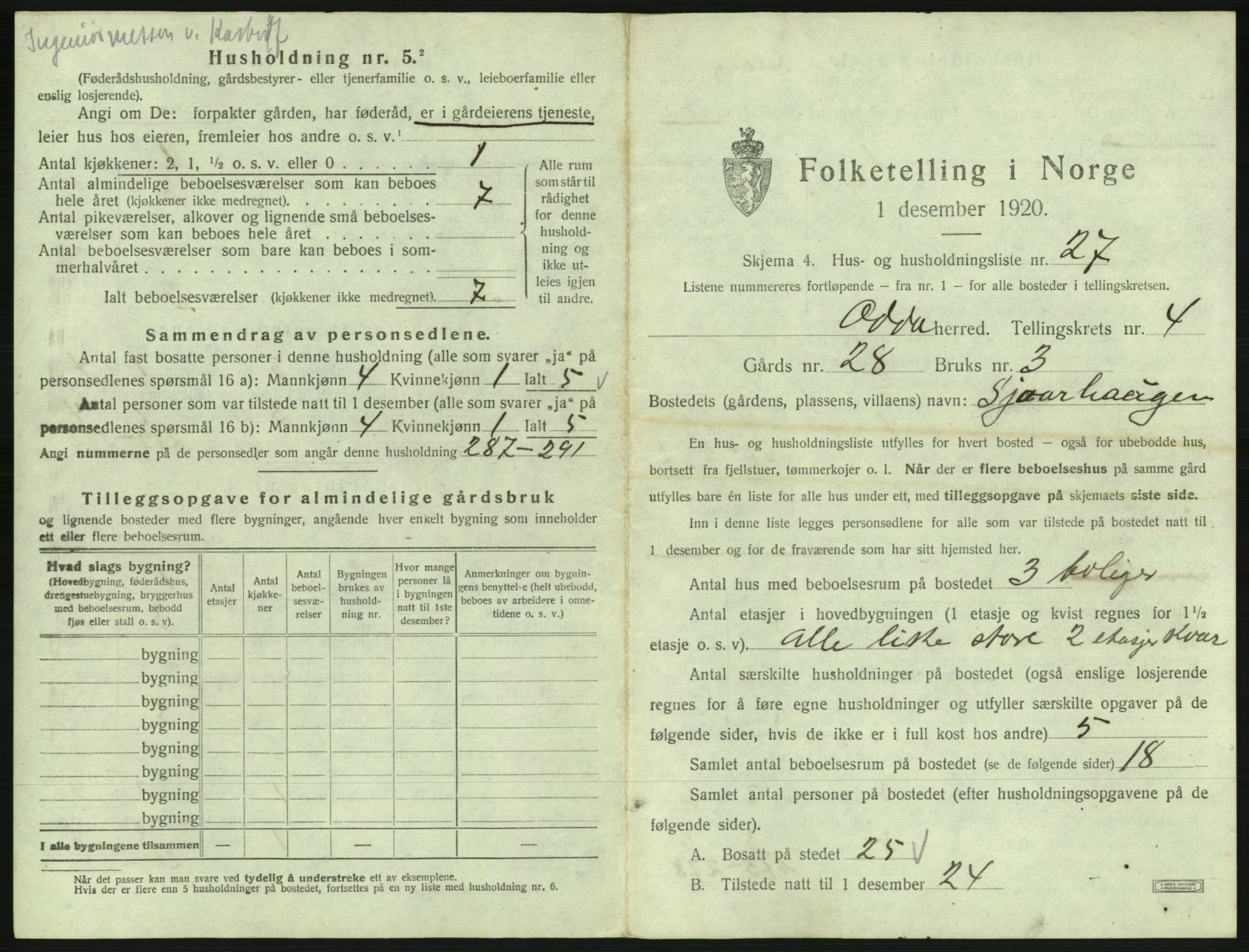 SAB, 1920 census for Odda, 1920, p. 346