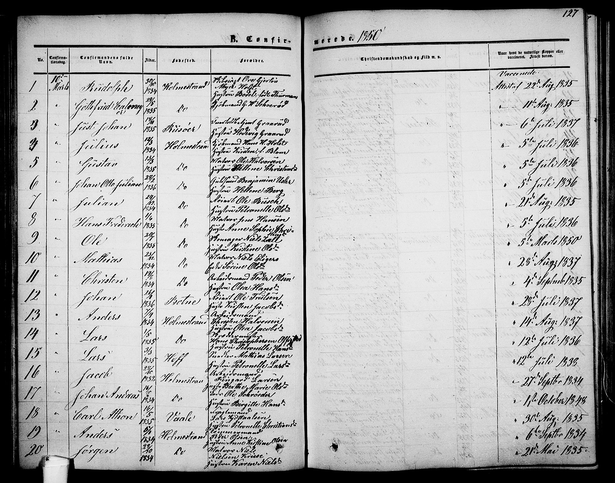 Holmestrand kirkebøker, AV/SAKO-A-346/G/Ga/L0003: Parish register (copy) no. 3, 1849-1874, p. 127