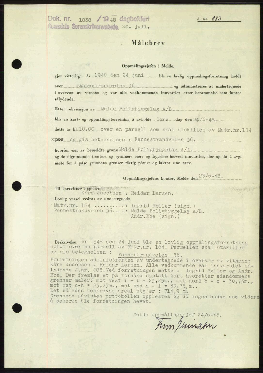 Romsdal sorenskriveri, AV/SAT-A-4149/1/2/2C: Mortgage book no. A26, 1948-1948, Diary no: : 1838/1948