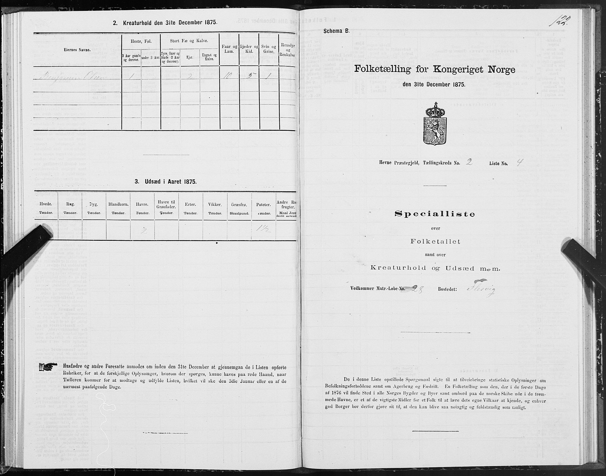 SAT, 1875 census for 1612P Hemne, 1875, p. 1122