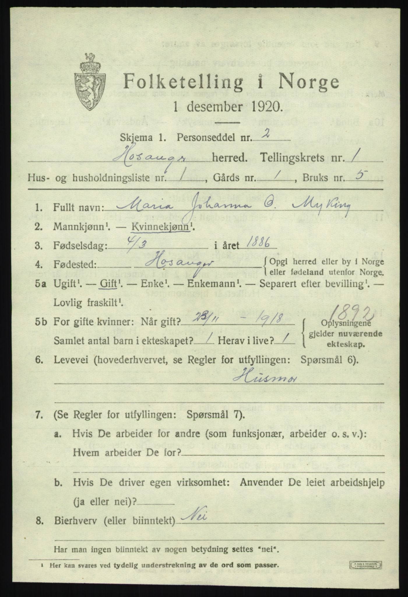 SAB, 1920 census for Hosanger, 1920, p. 919