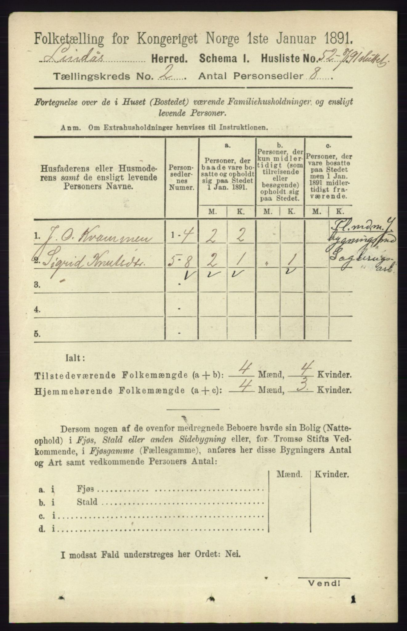 RA, 1891 census for 1263 Lindås, 1891, p. 427