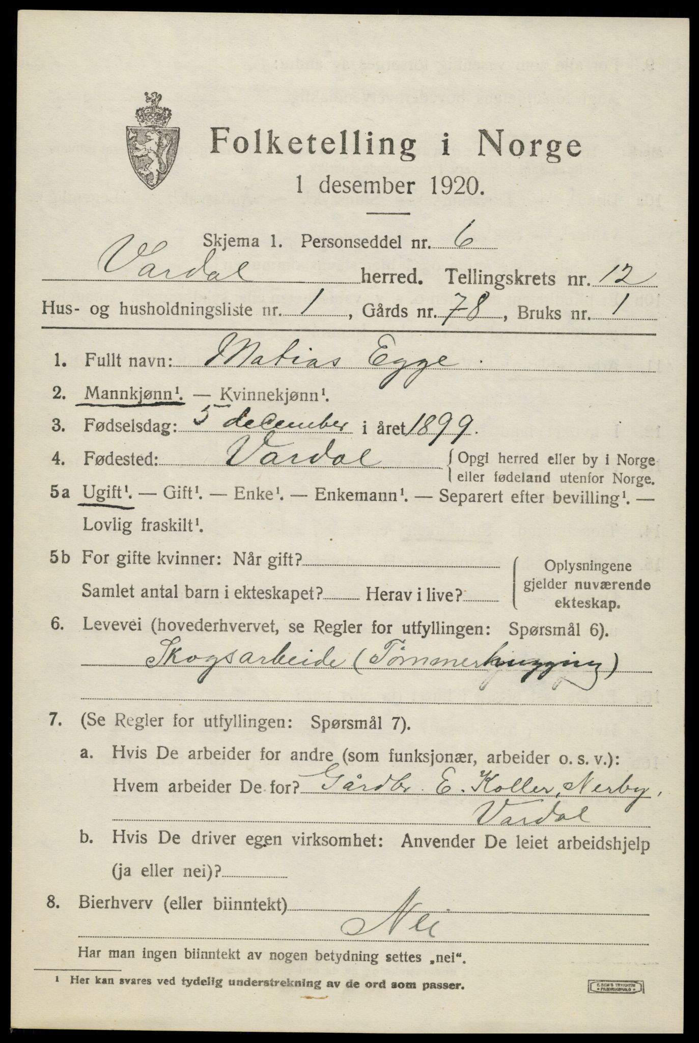 SAH, 1920 census for Vardal, 1920, p. 13145