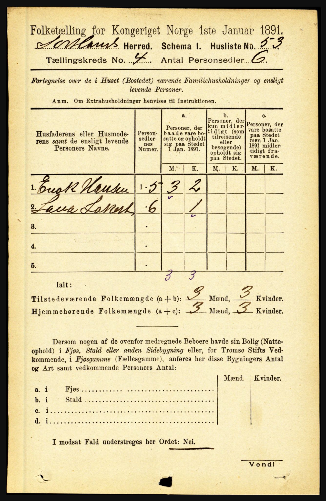 RA, 1891 census for 1870 Sortland, 1891, p. 2714