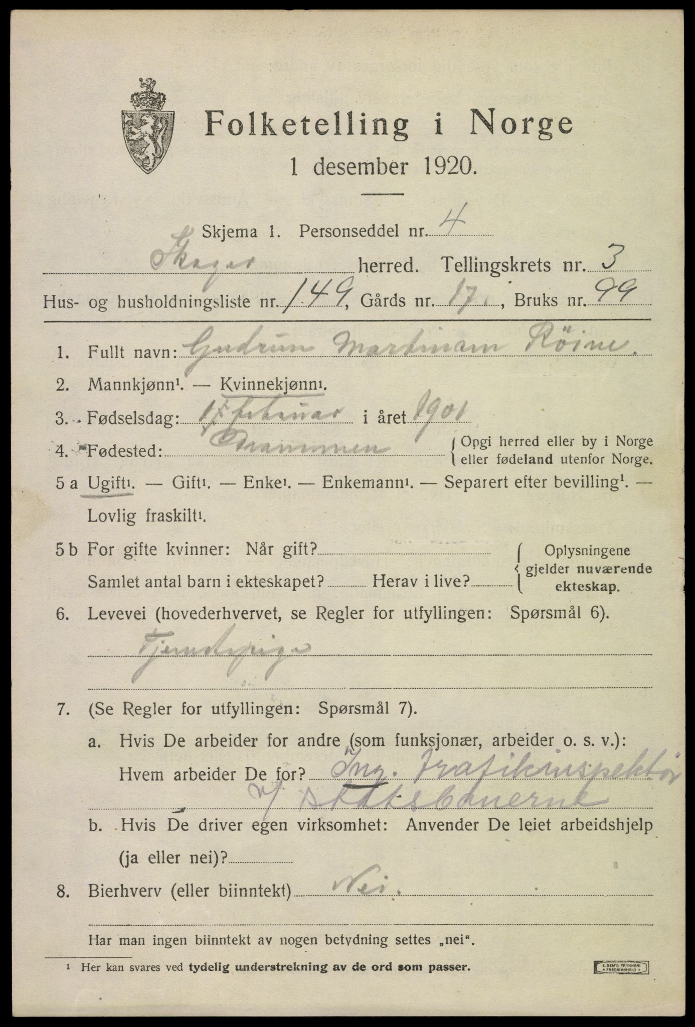 SAKO, 1920 census for Skoger, 1920, p. 9905