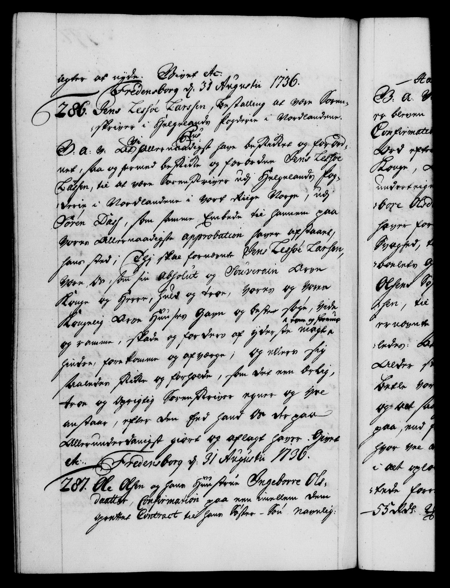 Danske Kanselli 1572-1799, RA/EA-3023/F/Fc/Fca/Fcaa/L0029: Norske registre, 1735-1736, p. 597b