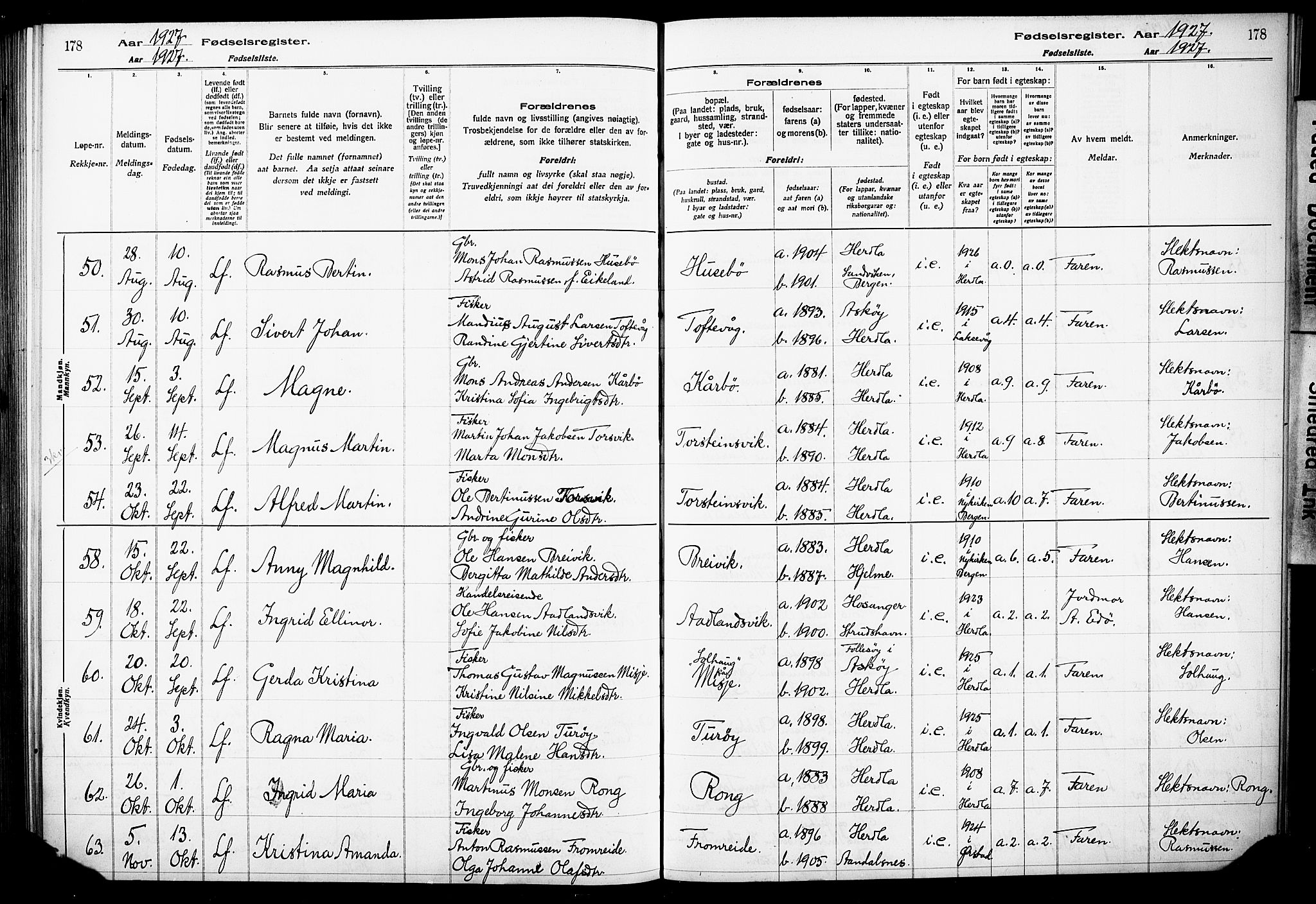 Herdla Sokneprestembete, AV/SAB-A-75701/I/Id/L00A1: Birth register no. A 1, 1916-1929, p. 178