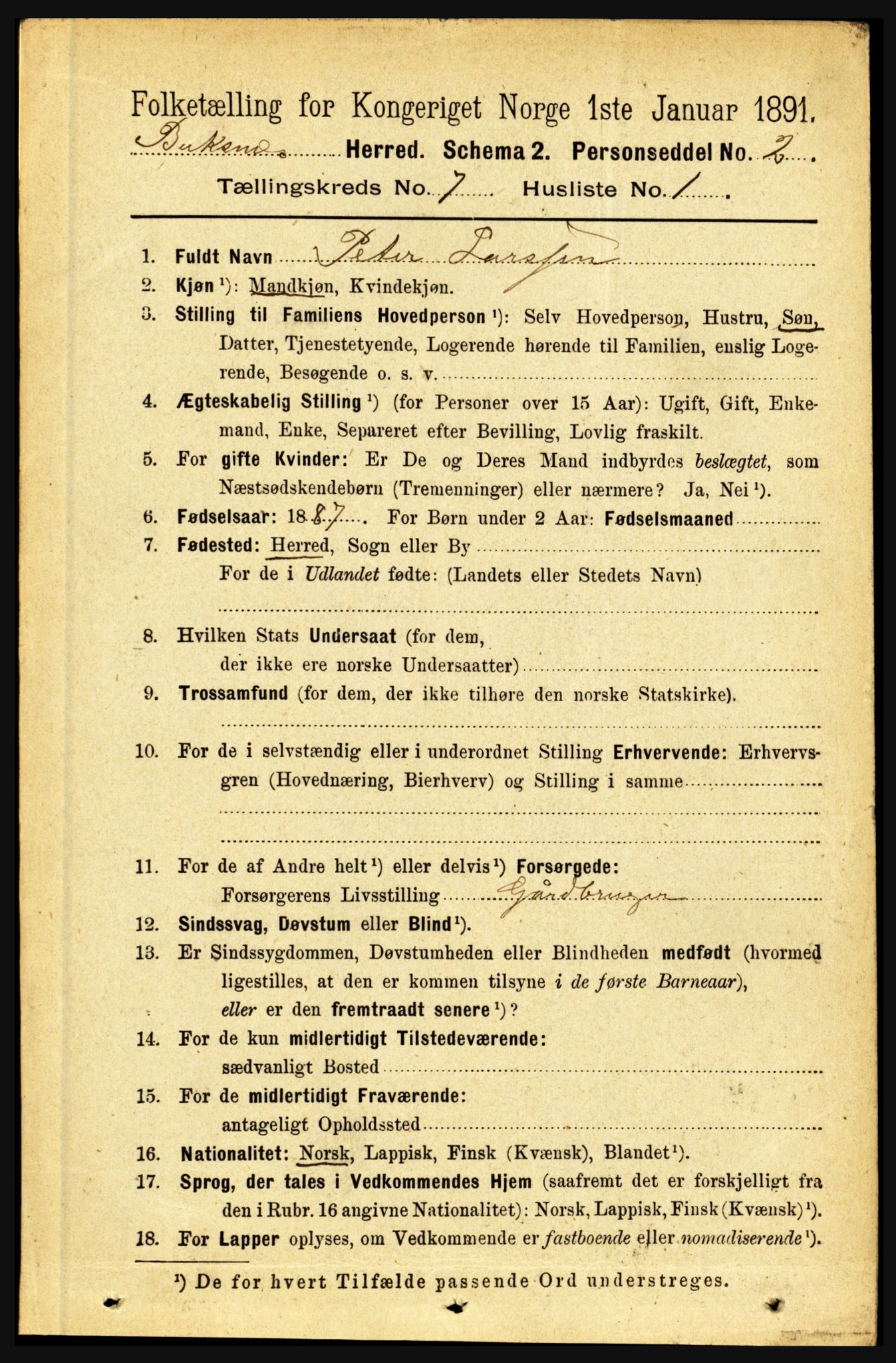 RA, 1891 census for 1860 Buksnes, 1891, p. 4991