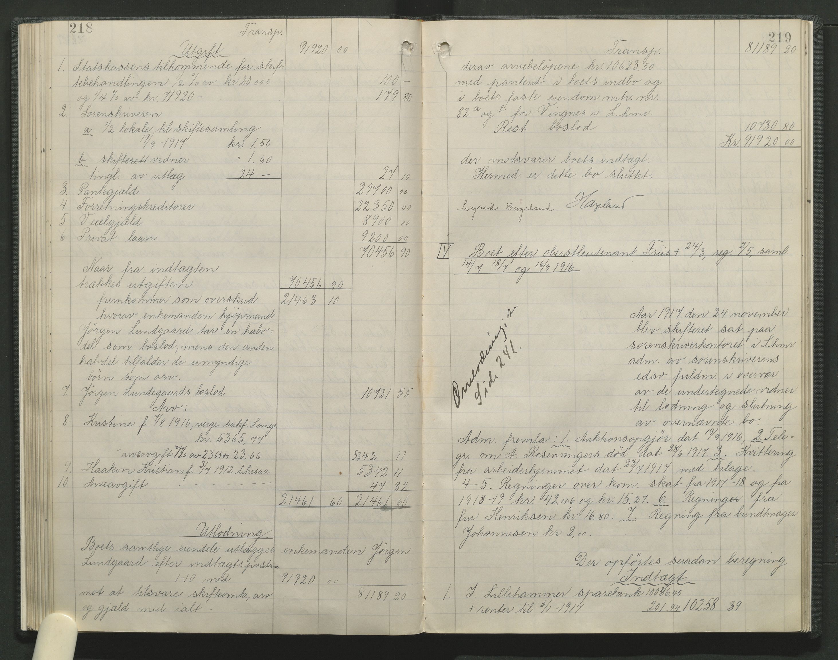 Sør-Gudbrandsdal tingrett, AV/SAH-TING-004/J/Ja/Jag/L0001: Skifteutlodningsprotokoll - Lillehammer by, 1903-1923, p. 218-219