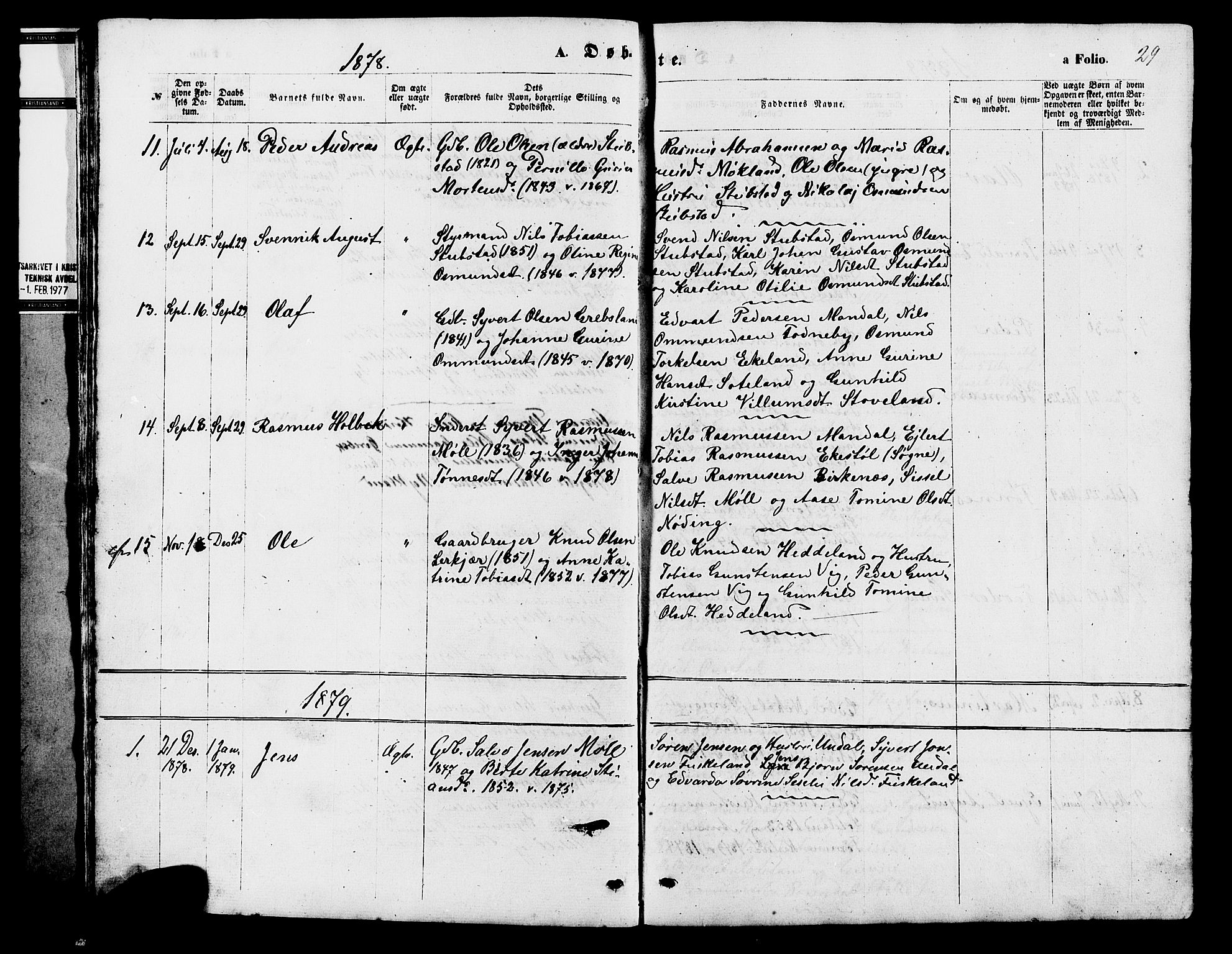 Holum sokneprestkontor, SAK/1111-0022/F/Fb/Fba/L0004: Parish register (copy) no. B 4, 1867-1890, p. 29