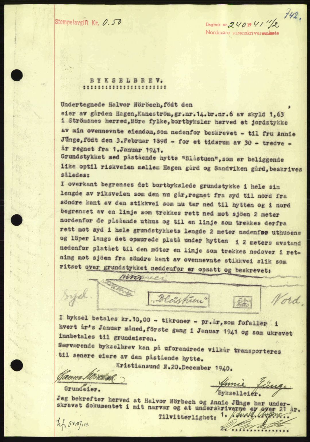 Nordmøre sorenskriveri, AV/SAT-A-4132/1/2/2Ca: Mortgage book no. B87, 1940-1941, Diary no: : 240/1941