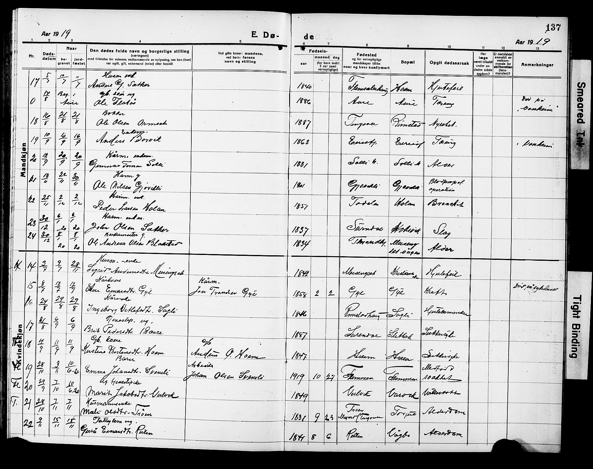 Ministerialprotokoller, klokkerbøker og fødselsregistre - Møre og Romsdal, AV/SAT-A-1454/586/L0994: Parish register (copy) no. 586C05, 1919-1927, p. 137