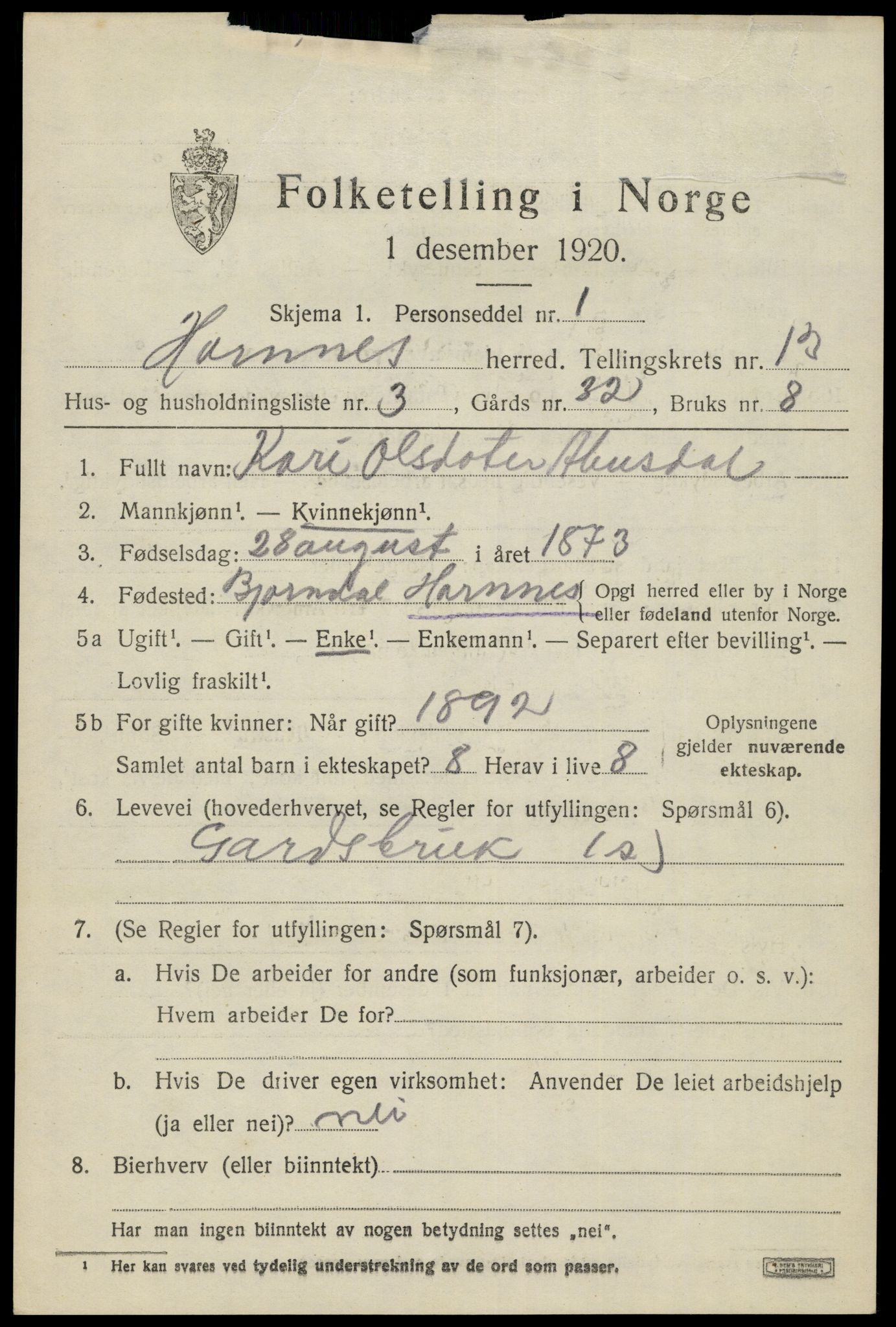 SAK, 1920 census for Hornnes, 1920, p. 3079