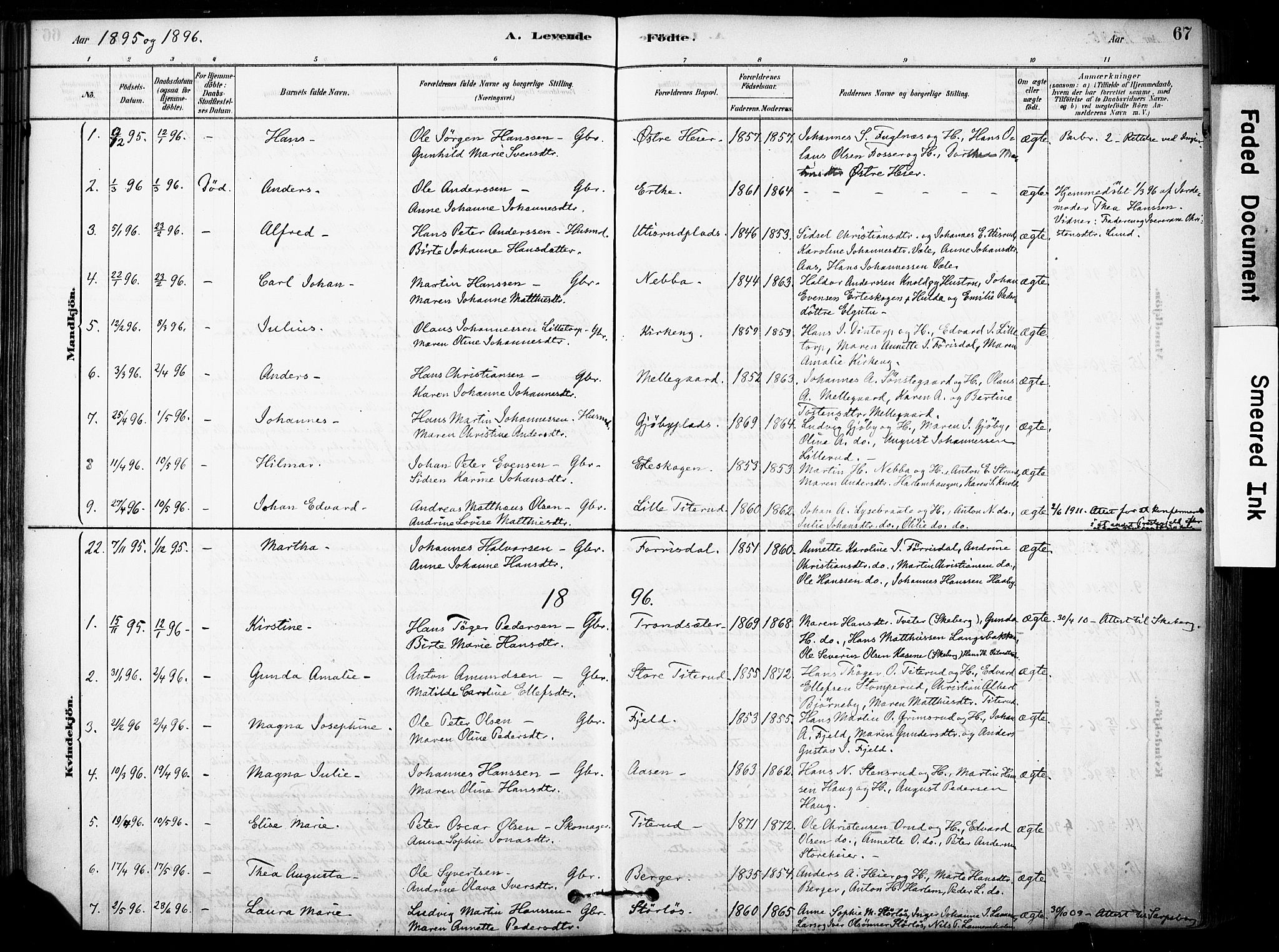 Rakkestad prestekontor Kirkebøker, AV/SAO-A-2008/F/Fb/L0001: Parish register (official) no. II 1, 1878-1899, p. 67