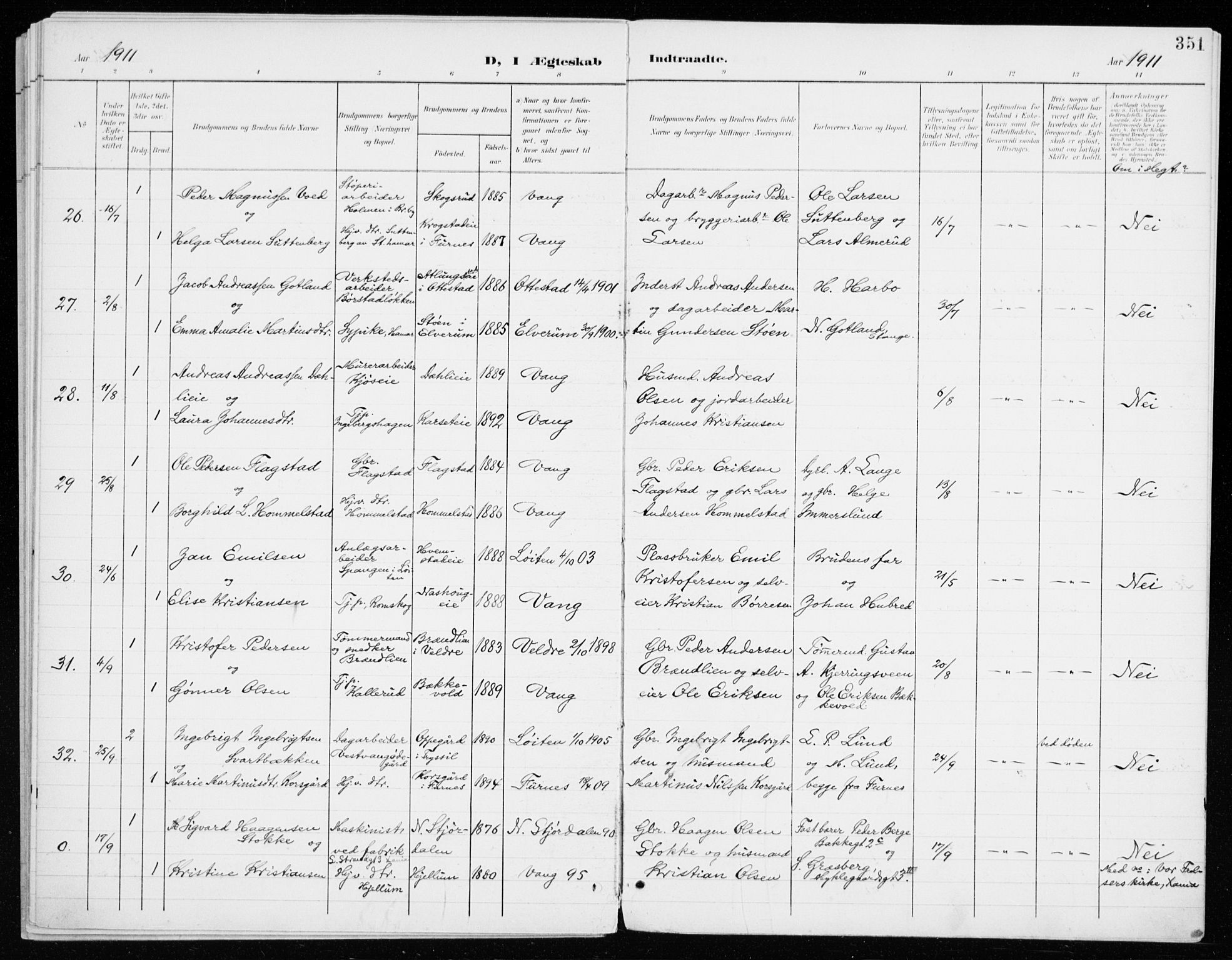 Vang prestekontor, Hedmark, AV/SAH-PREST-008/H/Ha/Haa/L0021: Parish register (official) no. 21, 1902-1917, p. 351