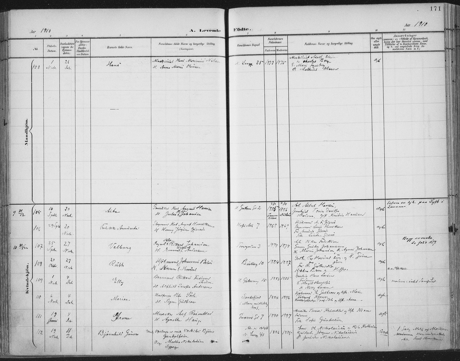 Tønsberg kirkebøker, AV/SAKO-A-330/F/Fa/L0014: Parish register (official) no. I 14, 1900-1913, p. 171