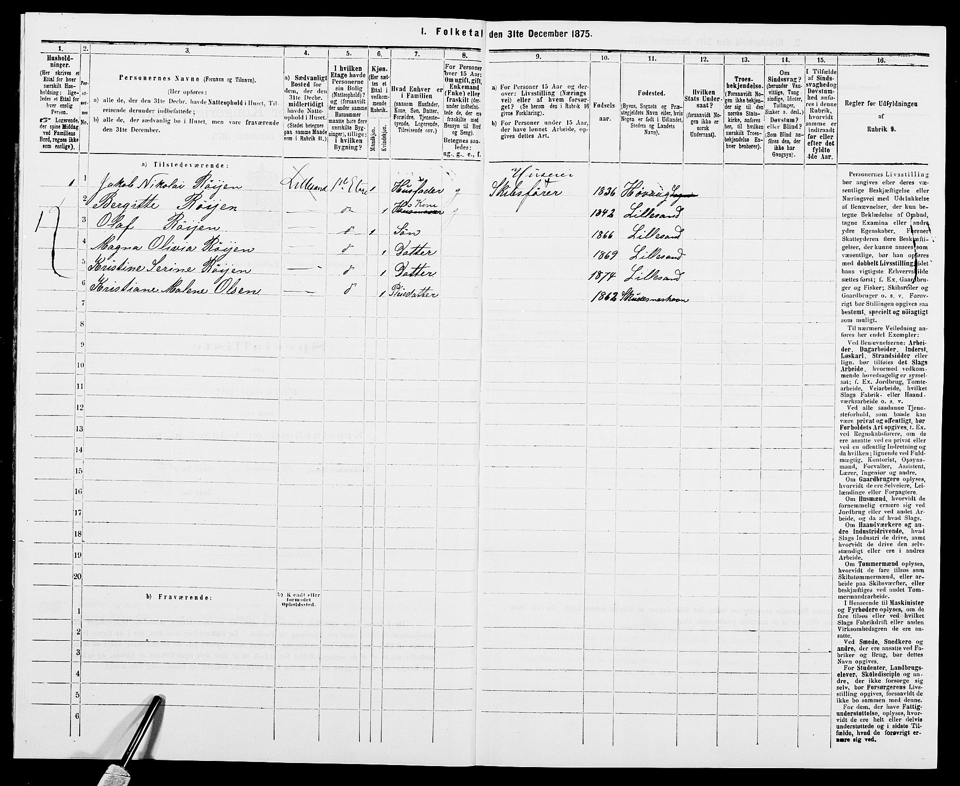 SAK, 1875 census for 0905B Vestre Moland/Lillesand, 1875, p. 12