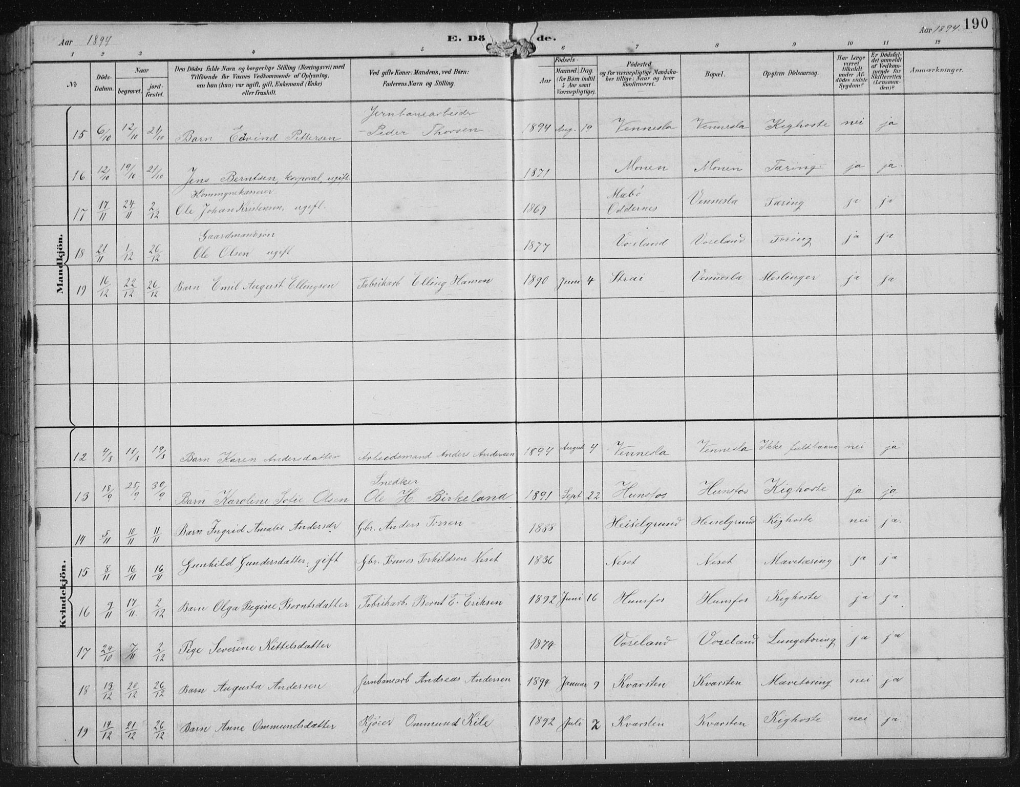 Vennesla sokneprestkontor, AV/SAK-1111-0045/Fb/Fbb/L0004: Parish register (copy) no. B 4, 1893-1902, p. 190