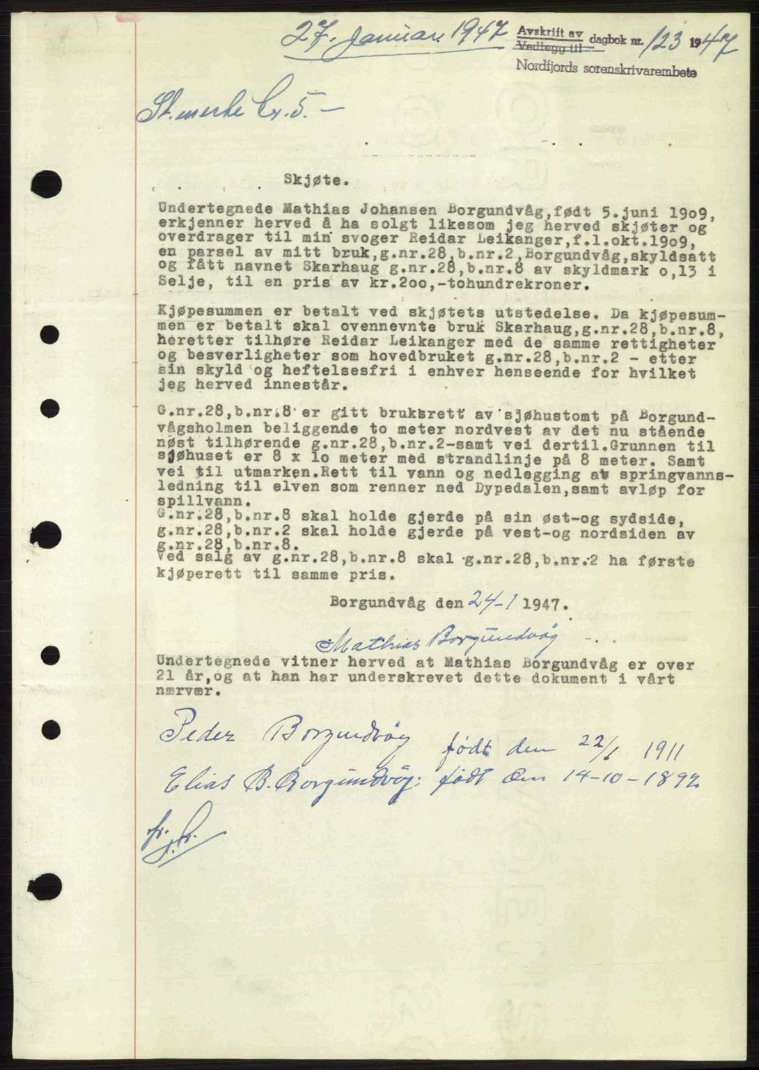 Nordfjord sorenskriveri, AV/SAB-A-2801/02/02b/02bj/L0011: Mortgage book no. A11, 1946-1947, Diary no: : 123/1947
