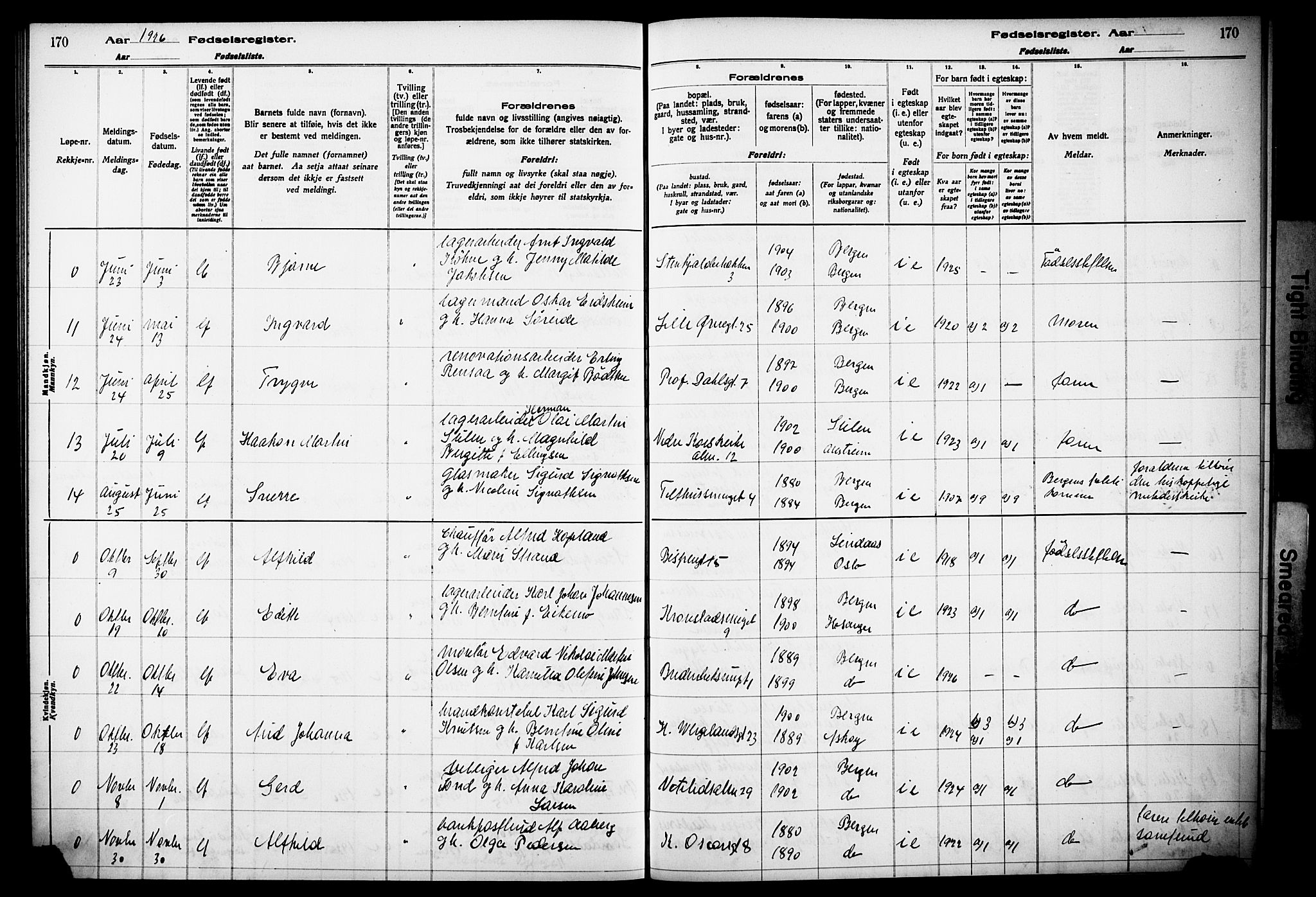 Korskirken sokneprestembete, AV/SAB-A-76101/I/Id/L00A1: Birth register no. A 1, 1916-1929, p. 170