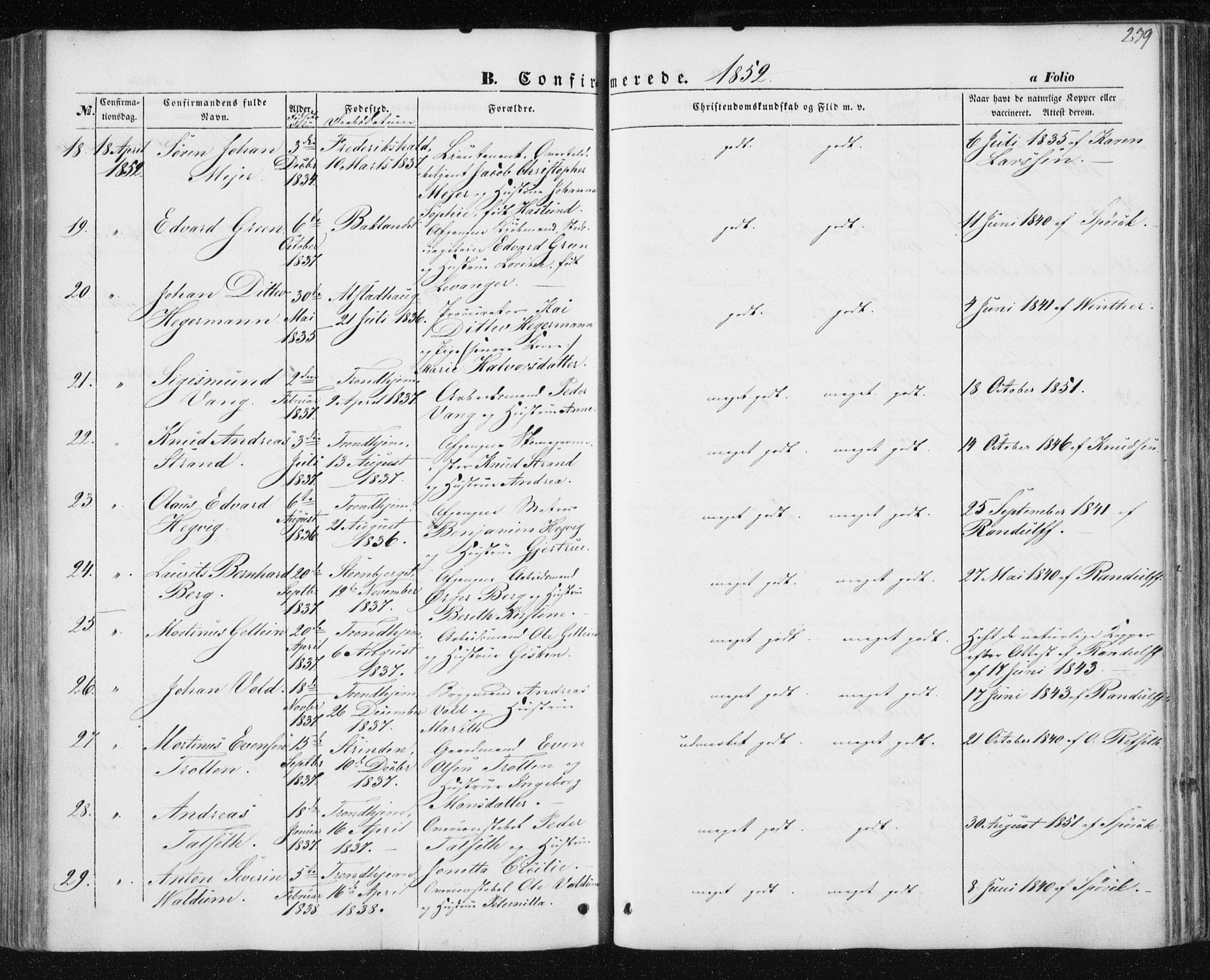 Ministerialprotokoller, klokkerbøker og fødselsregistre - Sør-Trøndelag, AV/SAT-A-1456/602/L0112: Parish register (official) no. 602A10, 1848-1859, p. 239