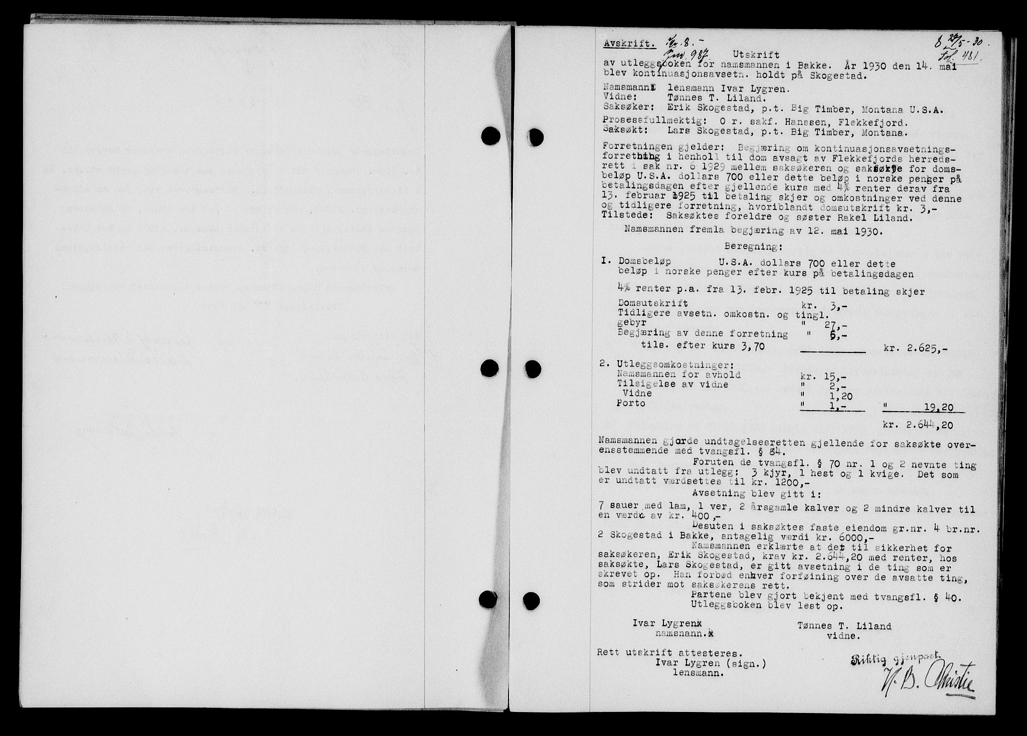 Flekkefjord sorenskriveri, SAK/1221-0001/G/Gb/Gba/L0045: Mortgage book no. 43, 1929-1930, Deed date: 27.05.1930