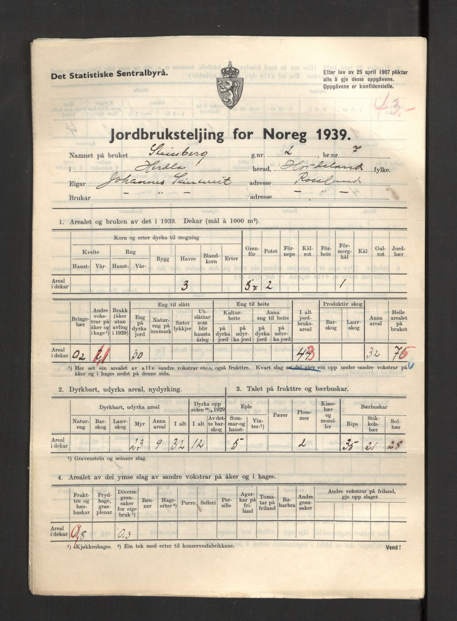 Statistisk sentralbyrå, Næringsøkonomiske emner, Jordbruk, skogbruk, jakt, fiske og fangst, AV/RA-S-2234/G/Gb/L0211: Hordaland: Herdla, Hjelme og Manger, 1939, p. 1007