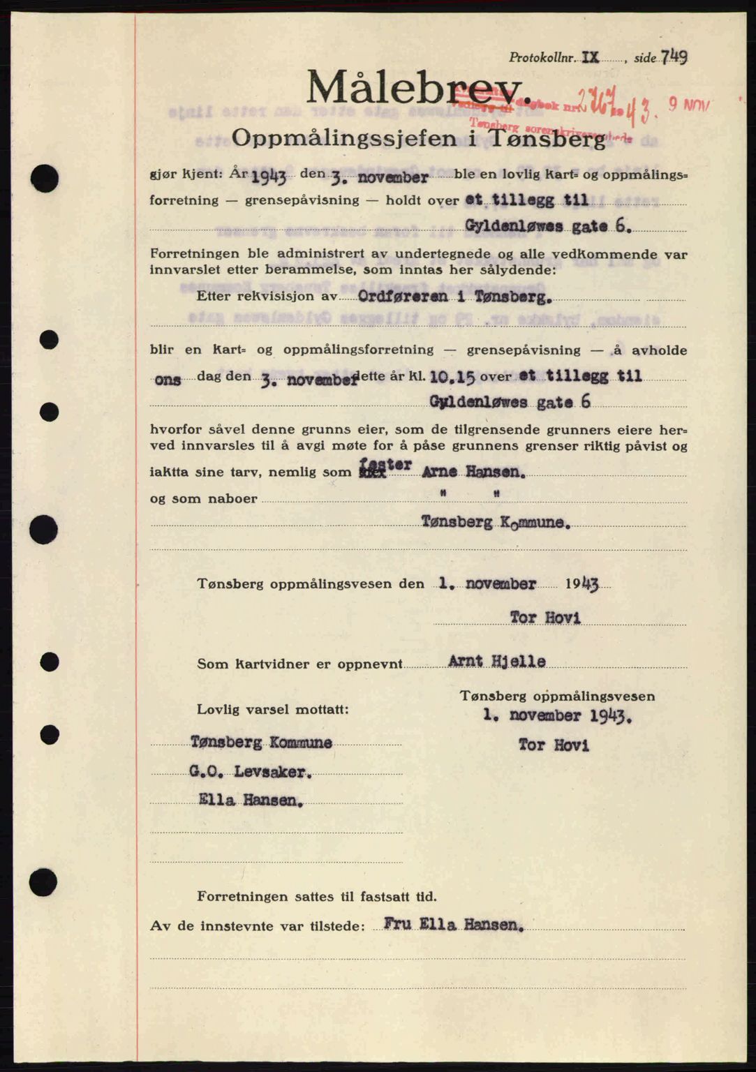 Tønsberg sorenskriveri, AV/SAKO-A-130/G/Ga/Gaa/L0014: Mortgage book no. A14, 1943-1944, Diary no: : 2767/1943