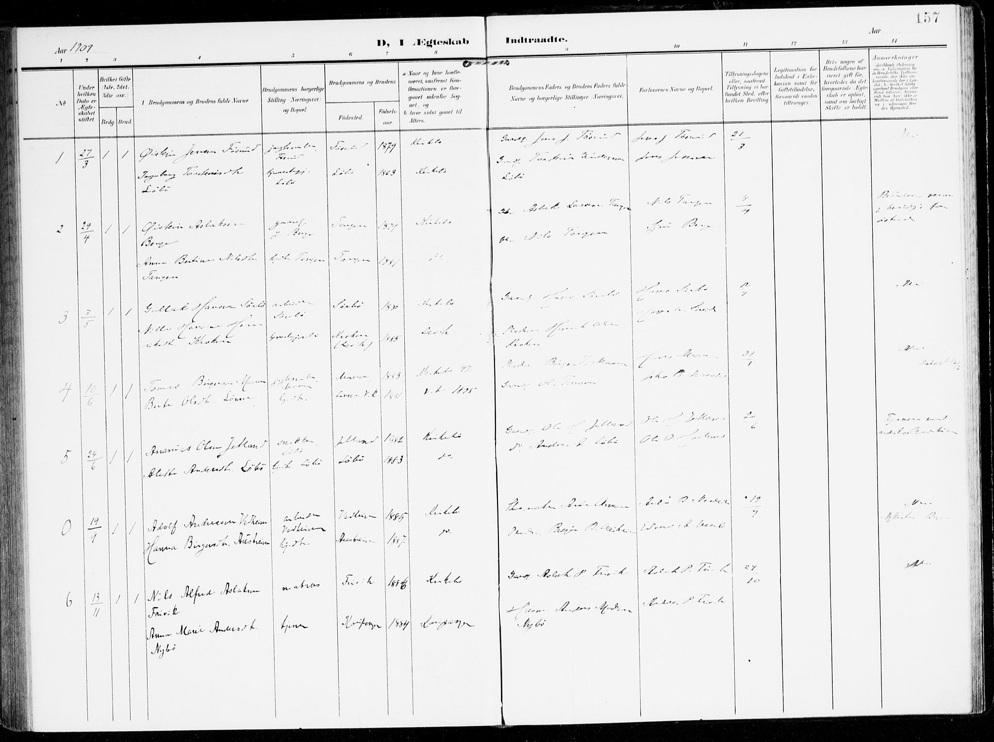 Lavik sokneprestembete, SAB/A-80901: Parish register (official) no. C 2, 1904-1921, p. 157