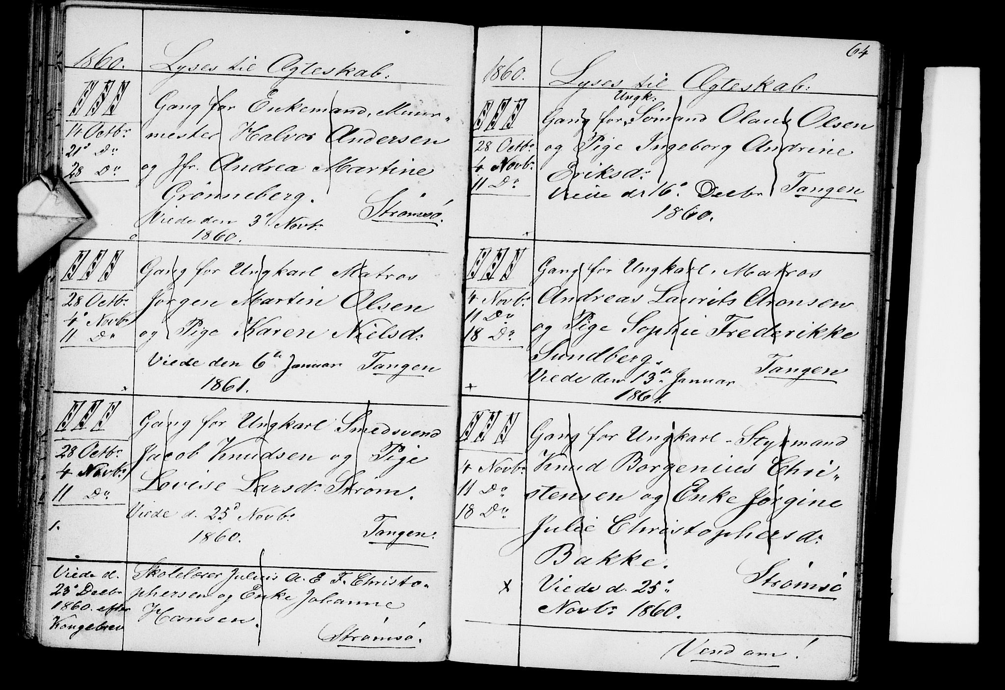Strømsø kirkebøker, SAKO/A-246/H/Ha/L0002: Banns register no. 2, 1850-1866, p. 64