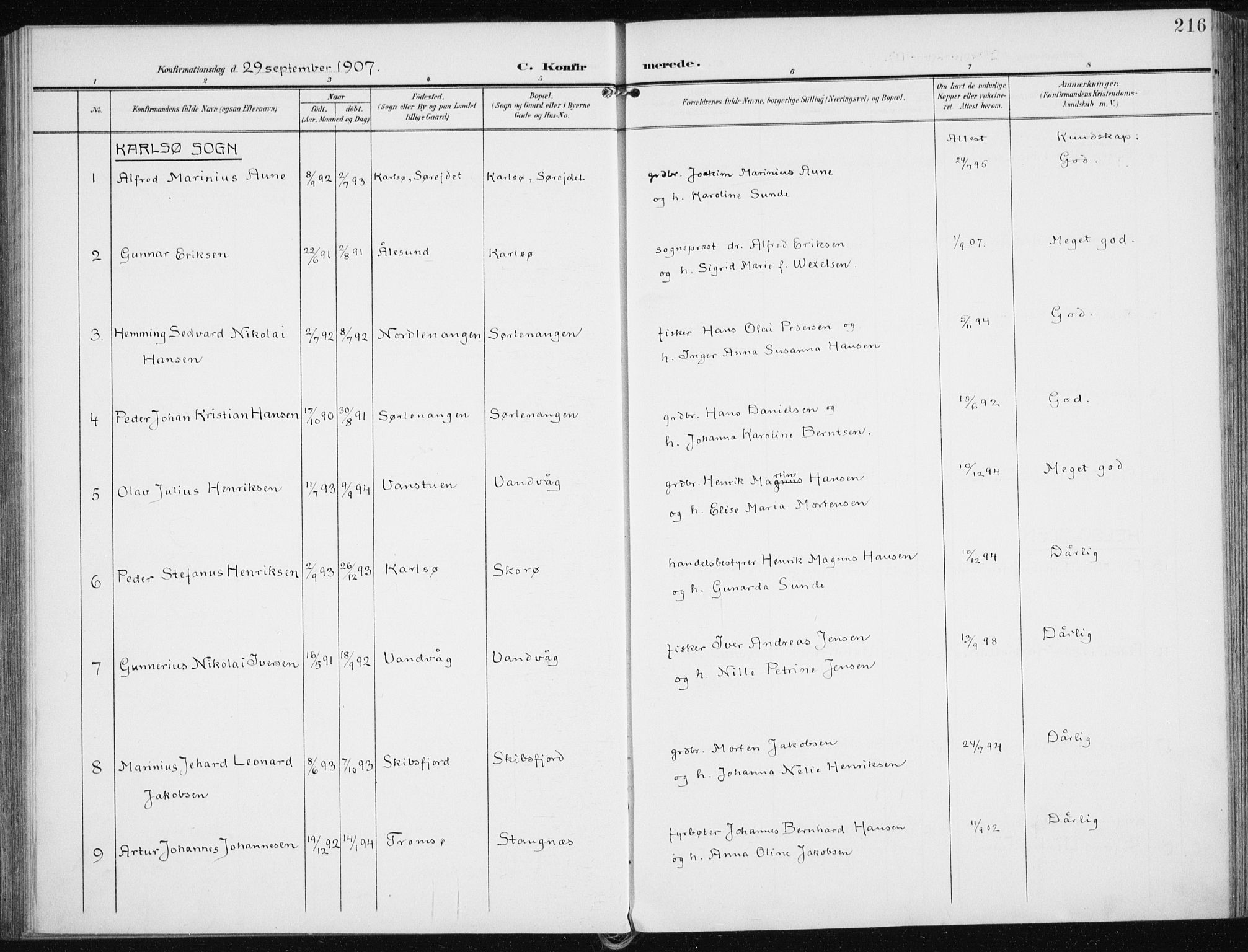 Karlsøy sokneprestembete, AV/SATØ-S-1299/H/Ha/Haa/L0014kirke: Parish register (official) no. 14, 1903-1917, p. 216