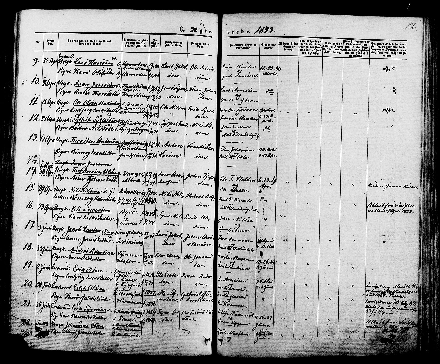 Lom prestekontor, AV/SAH-PREST-070/K/L0007: Parish register (official) no. 7, 1863-1884, p. 186