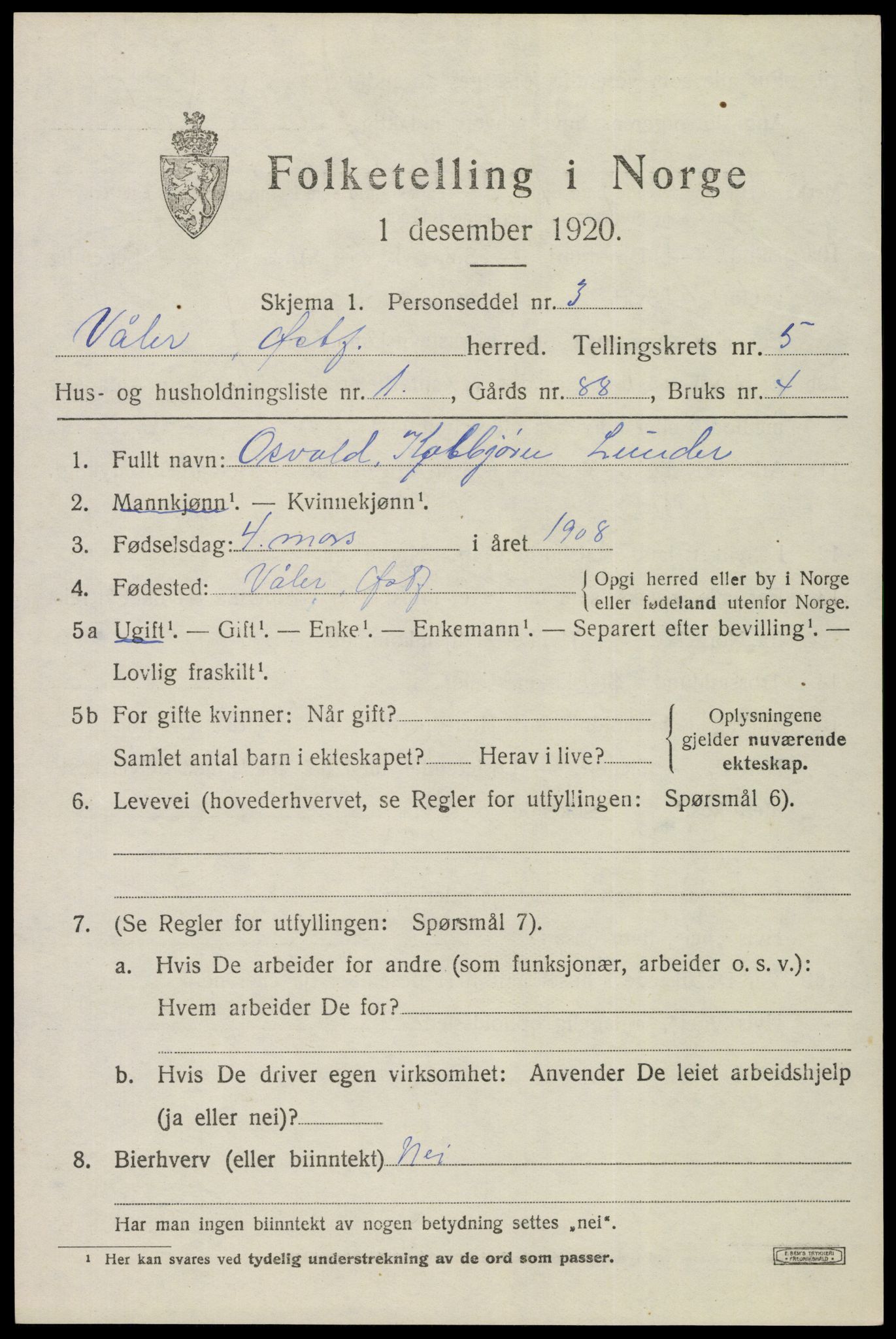 SAO, 1920 census for Våler, 1920, p. 2670