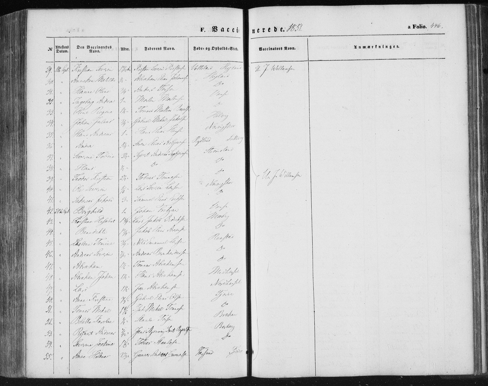 Lista sokneprestkontor, AV/SAK-1111-0027/F/Fa/L0010: Parish register (official) no. A 10, 1846-1861, p. 446