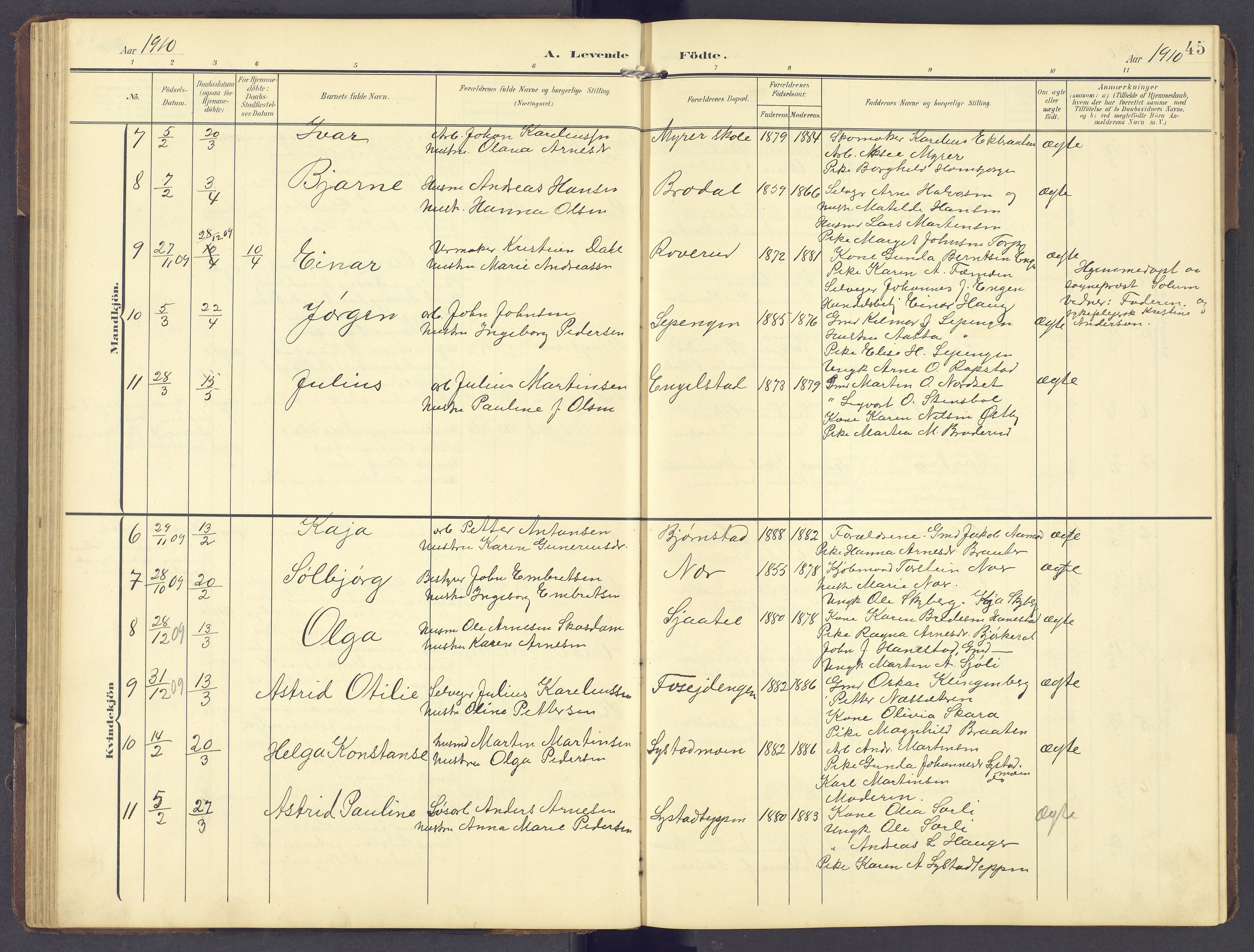 Brandval prestekontor, AV/SAH-PREST-034/H/Ha/Hab/L0003: Parish register (copy) no. 3, 1904-1917, p. 45