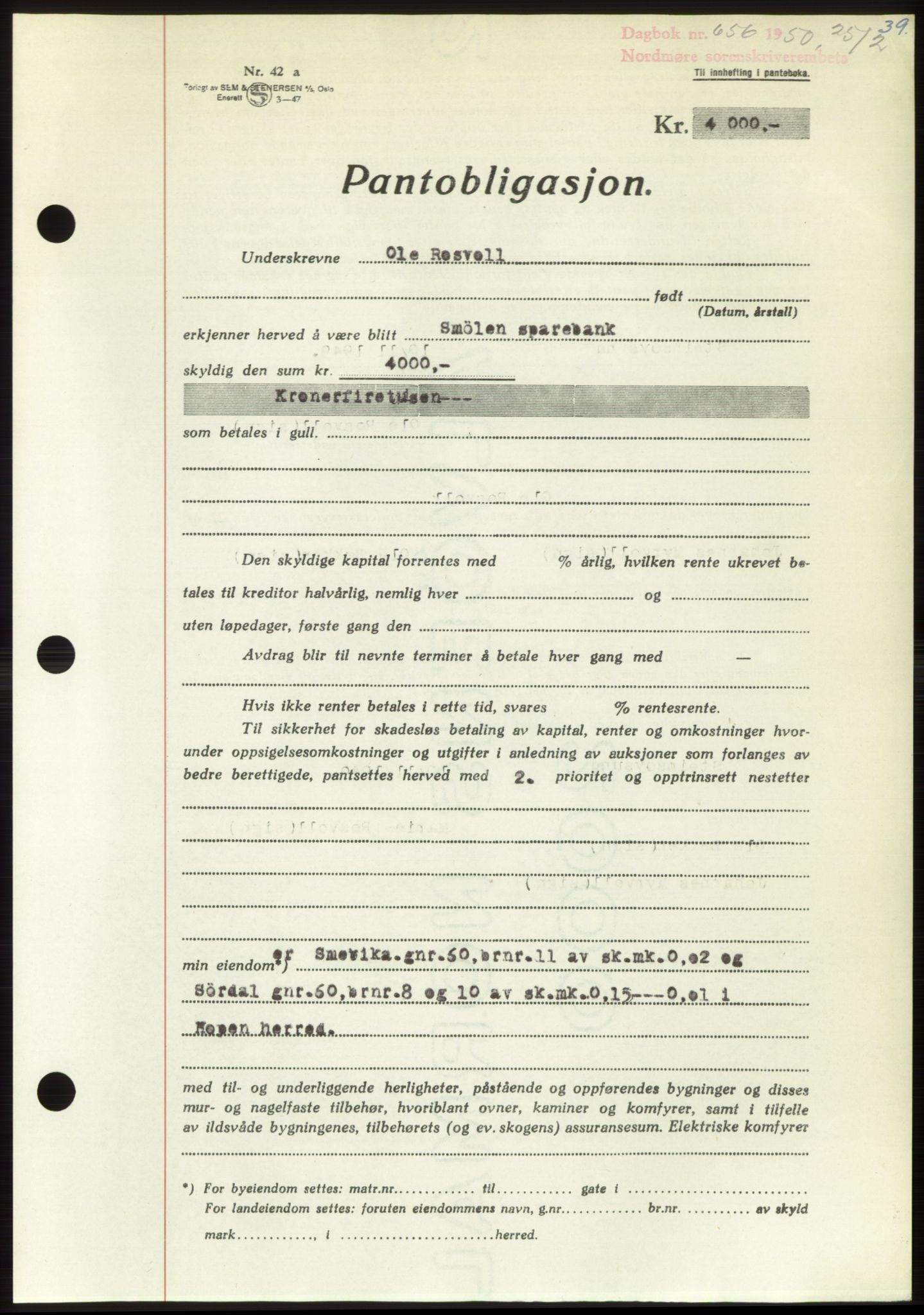 Nordmøre sorenskriveri, AV/SAT-A-4132/1/2/2Ca: Mortgage book no. B104, 1950-1950, Diary no: : 656/1950