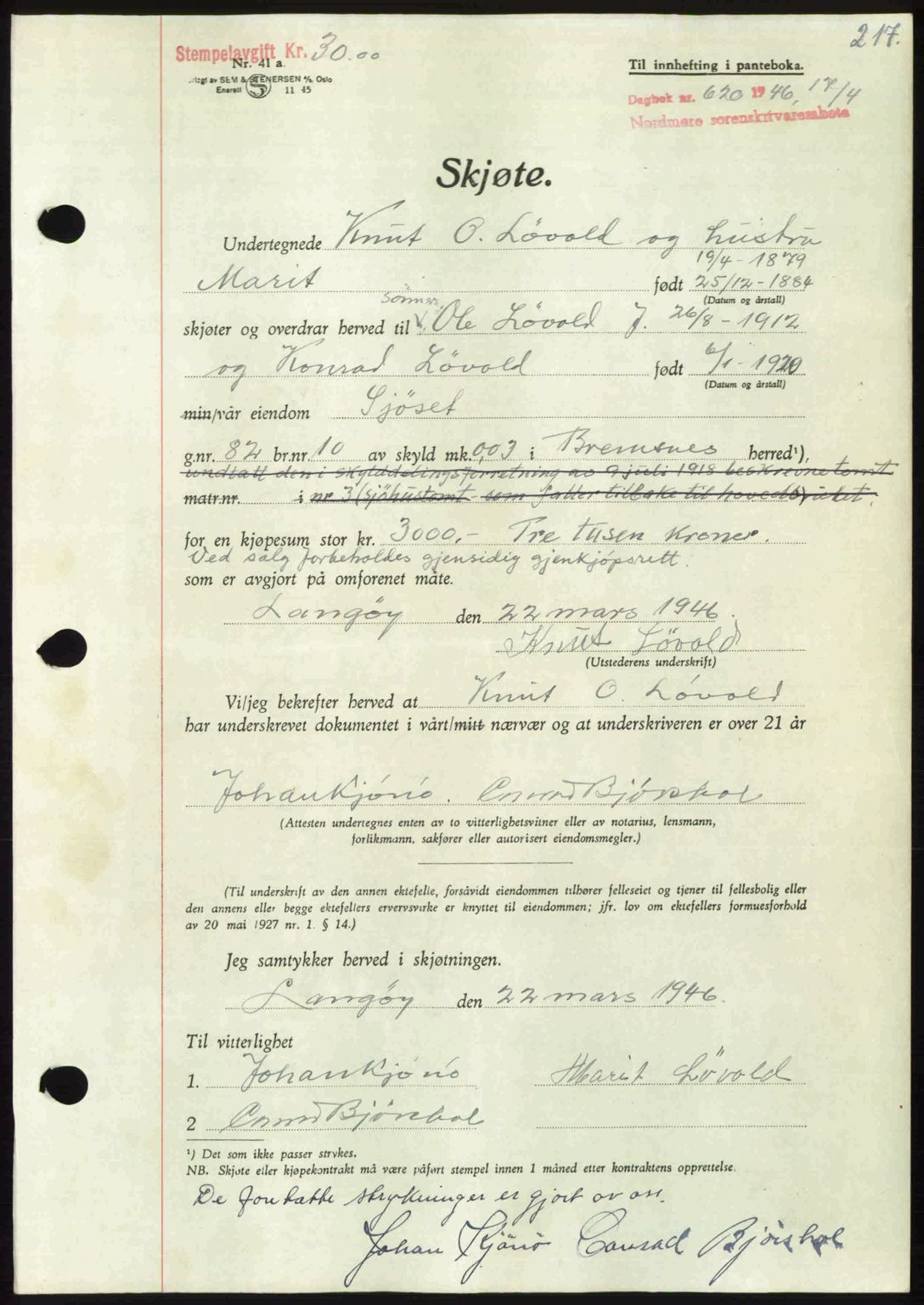 Nordmøre sorenskriveri, AV/SAT-A-4132/1/2/2Ca: Mortgage book no. A101, 1946-1946, Diary no: : 620/1946