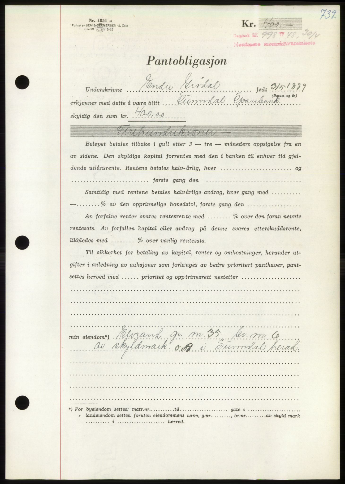 Nordmøre sorenskriveri, AV/SAT-A-4132/1/2/2Ca: Mortgage book no. B98, 1948-1948, Diary no: : 998/1948