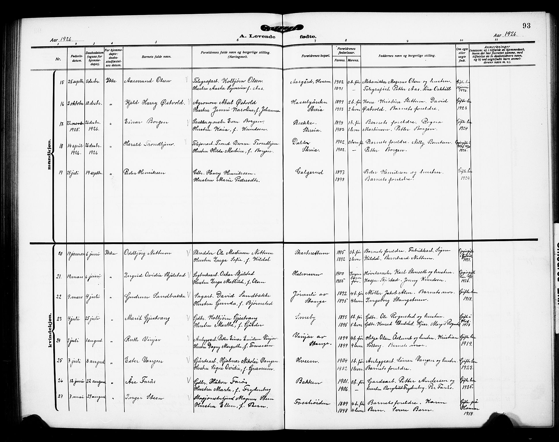 Østre Toten prestekontor, AV/SAH-PREST-104/H/Ha/Hab/L0008: Parish register (copy) no. 8, 1913-1929, p. 93