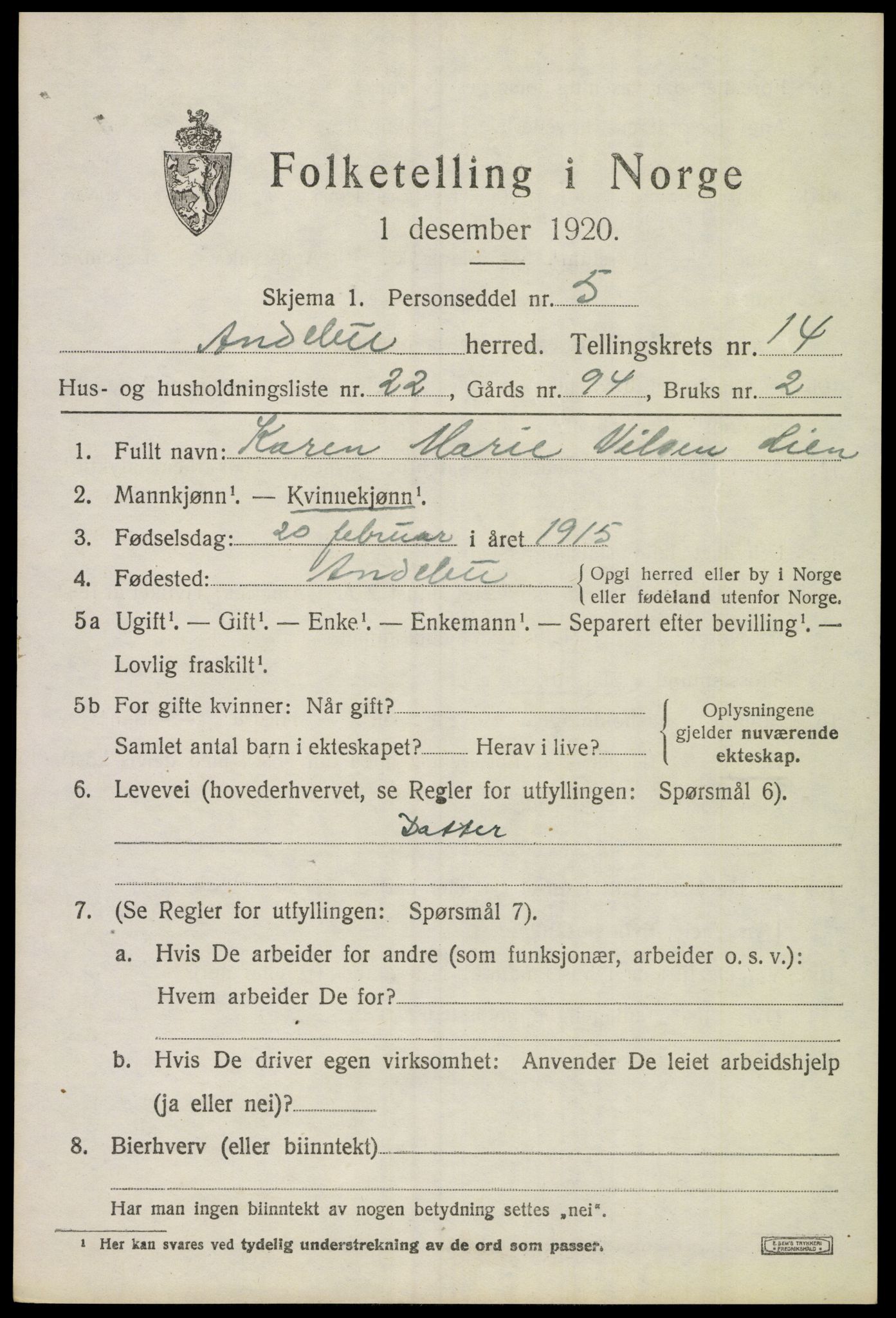 SAKO, 1920 census for Andebu, 1920, p. 5318