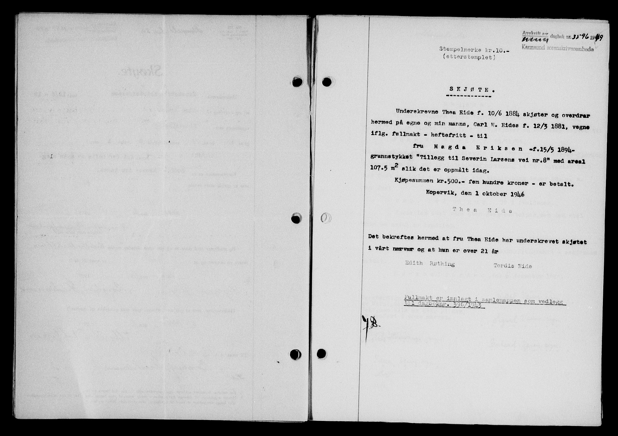 Karmsund sorenskriveri, AV/SAST-A-100311/01/II/IIB/L0098: Mortgage book no. 78A, 1949-1950, Diary no: : 3596/1949