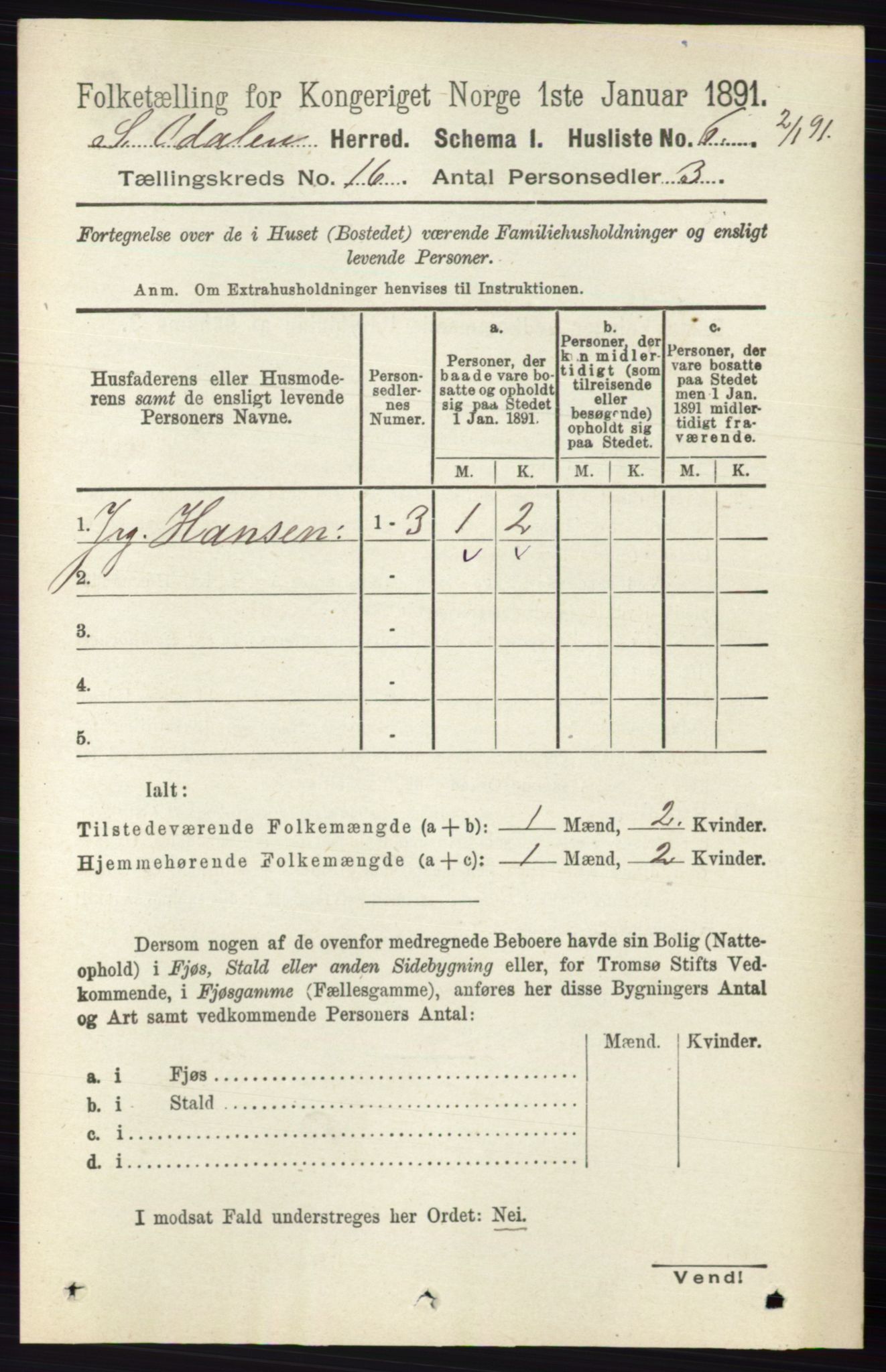 RA, 1891 census for 0419 Sør-Odal, 1891, p. 7197