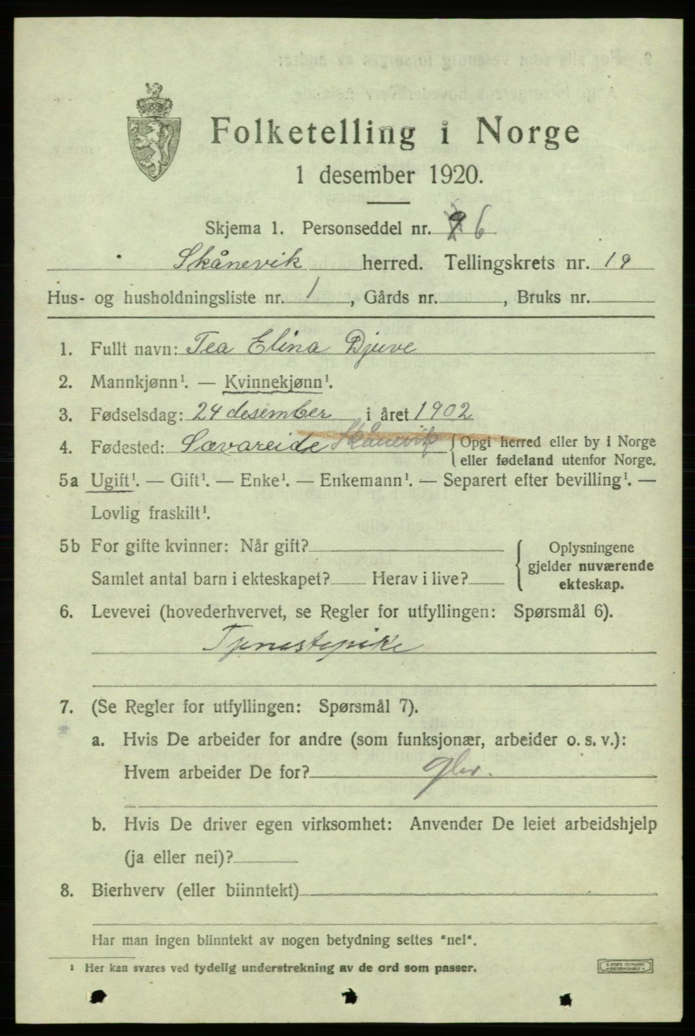 SAB, 1920 census for Skånevik, 1920, p. 6993