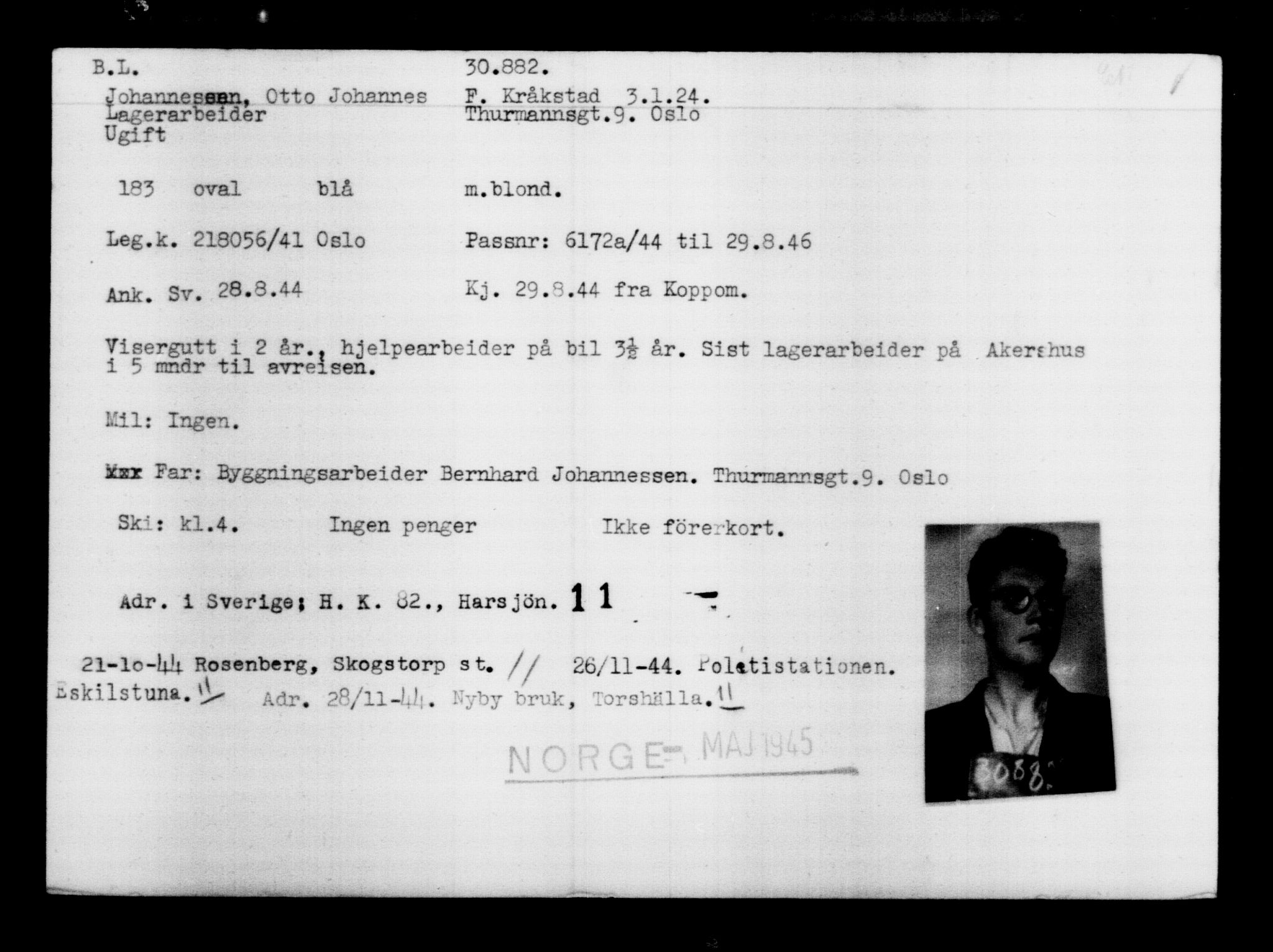 Utenriksstasjonene, Legasjonen i Stockholm, Flyktningkontoret, AV/RA-S-6753/V/Va/L0012: Kjesäterkartoteket, flyktninger med registreringsnr. 28300-31566, 1940-1945, p. 2806