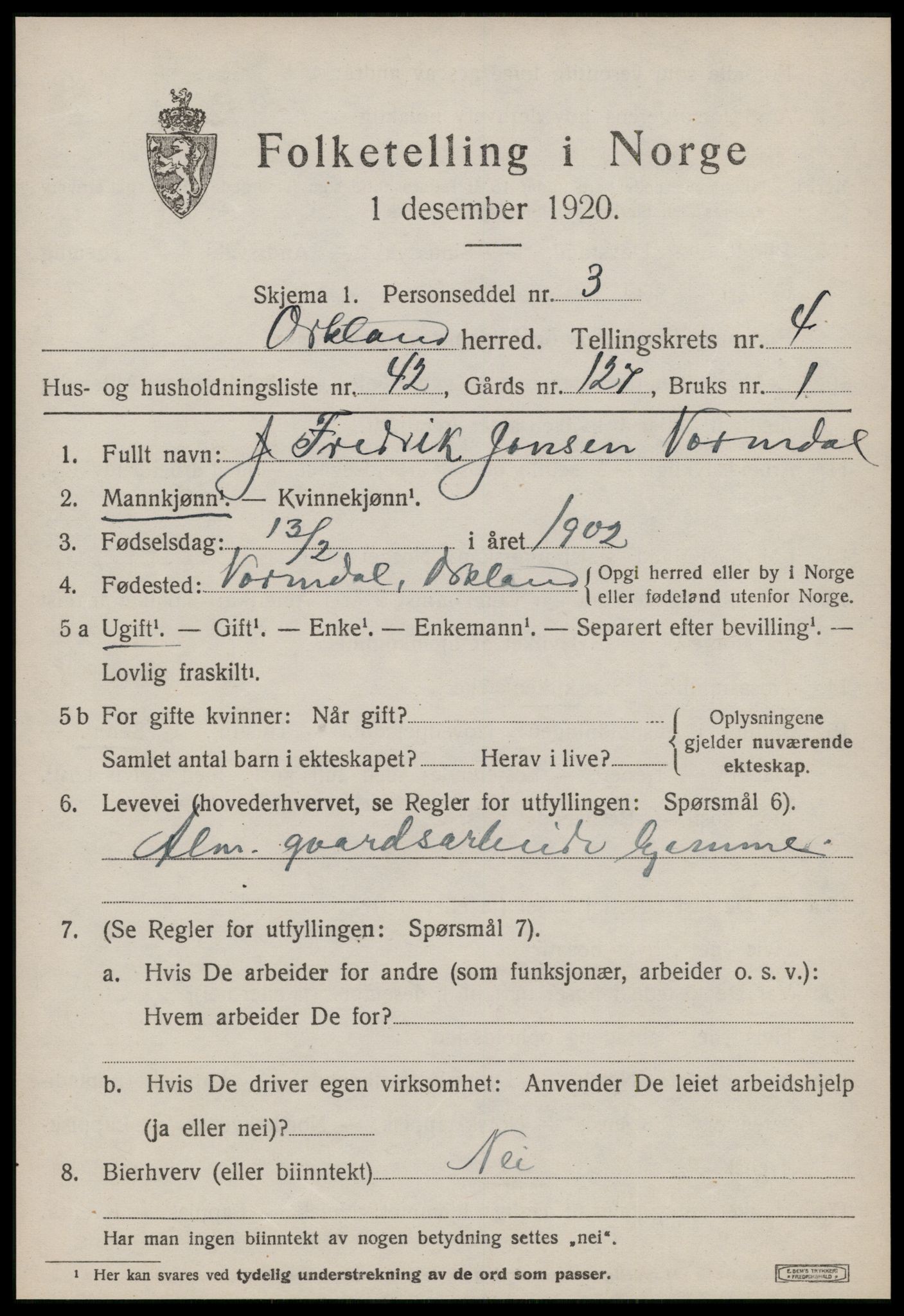 SAT, 1920 census for Orkland, 1920, p. 3794