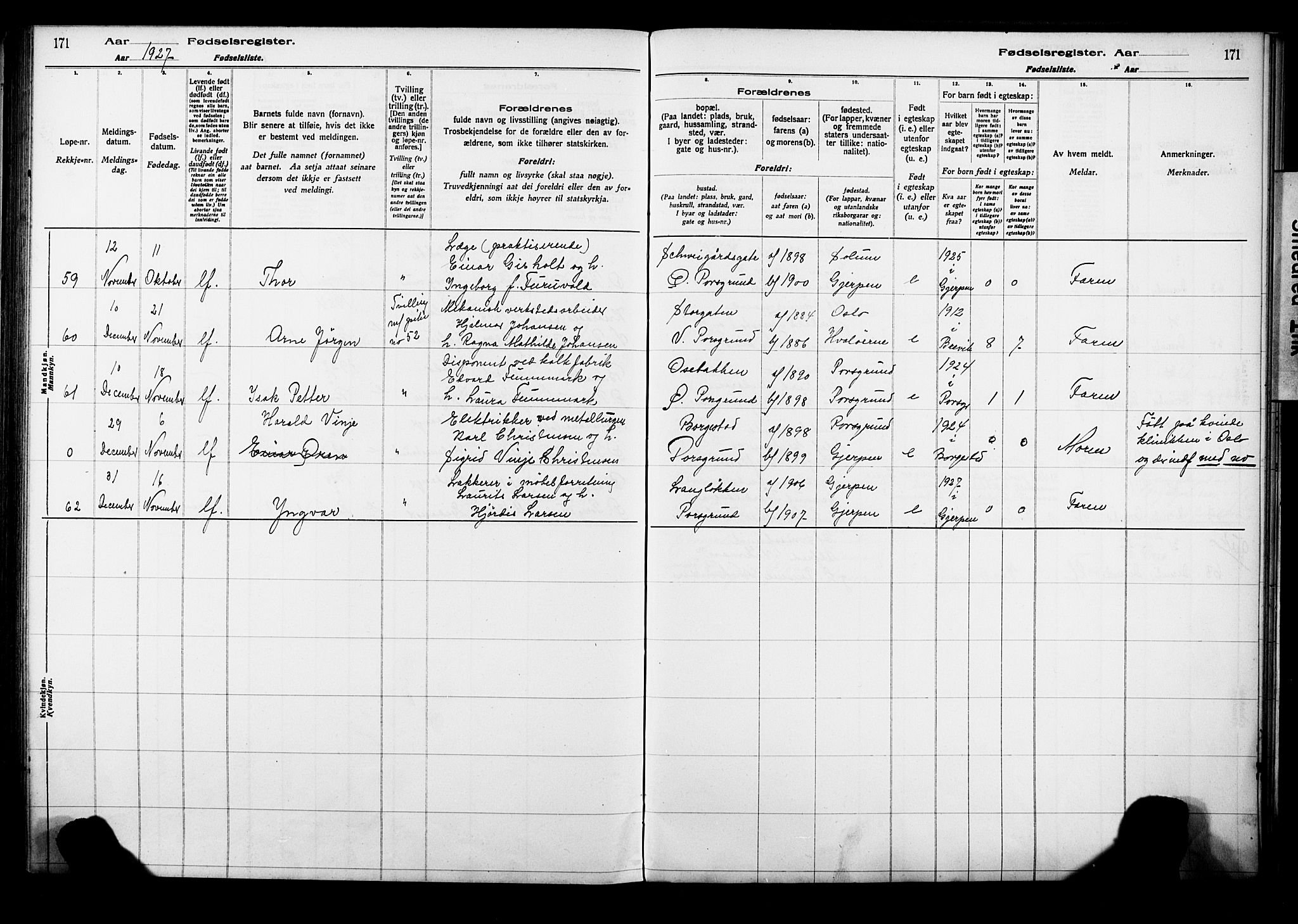 Porsgrunn kirkebøker , AV/SAKO-A-104/J/Ja/L0001: Birth register no. 1, 1916-1929, p. 171