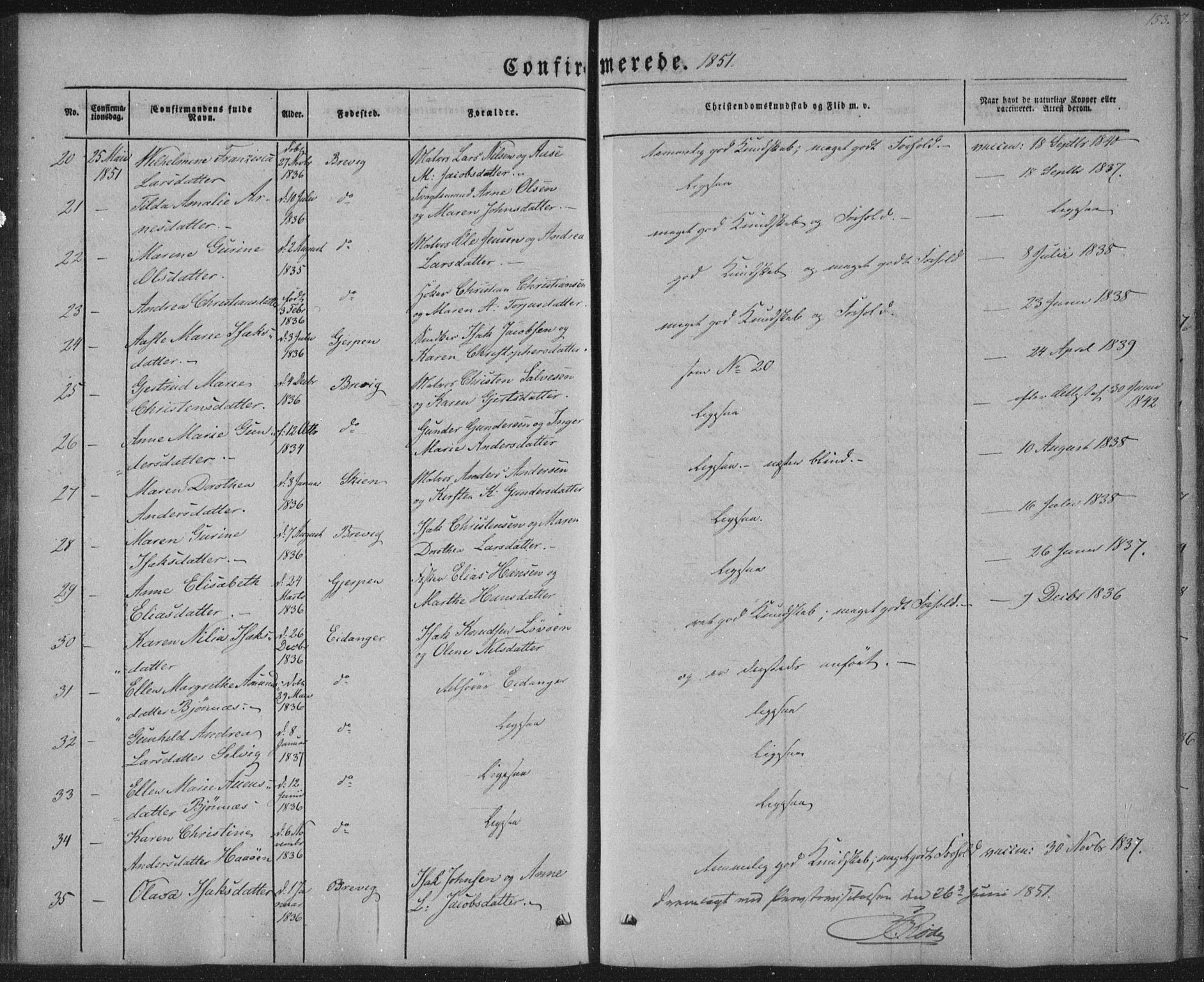 Brevik kirkebøker, AV/SAKO-A-255/F/Fa/L0005: Parish register (official) no. 5, 1847-1865, p. 153