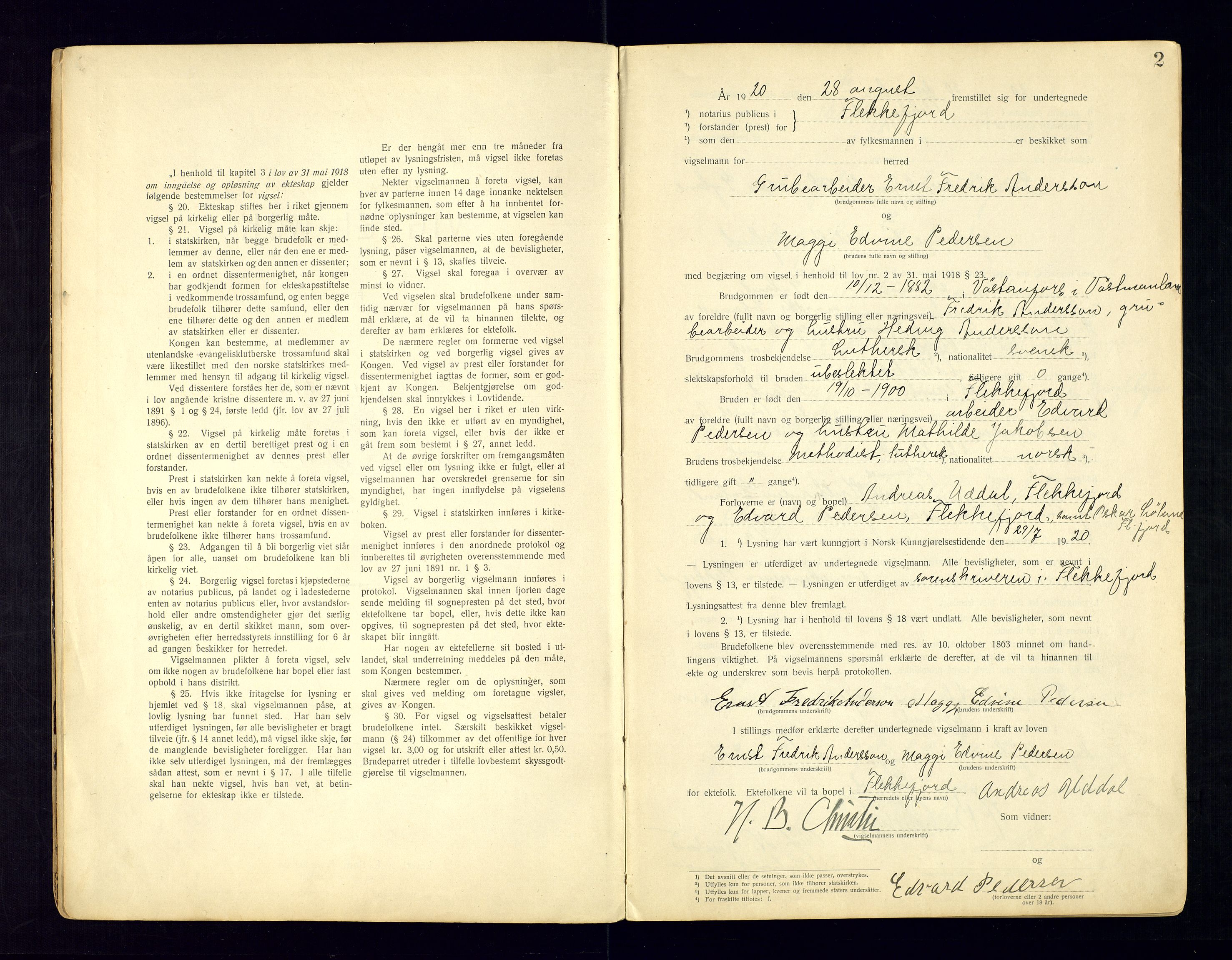 Flekkefjord sorenskriveri, AV/SAK-1221-0001/L/Ld/L0001/0002: Lysings- og vigselprotokoller / Vigselprotokoll, 1920-1943, p. 2