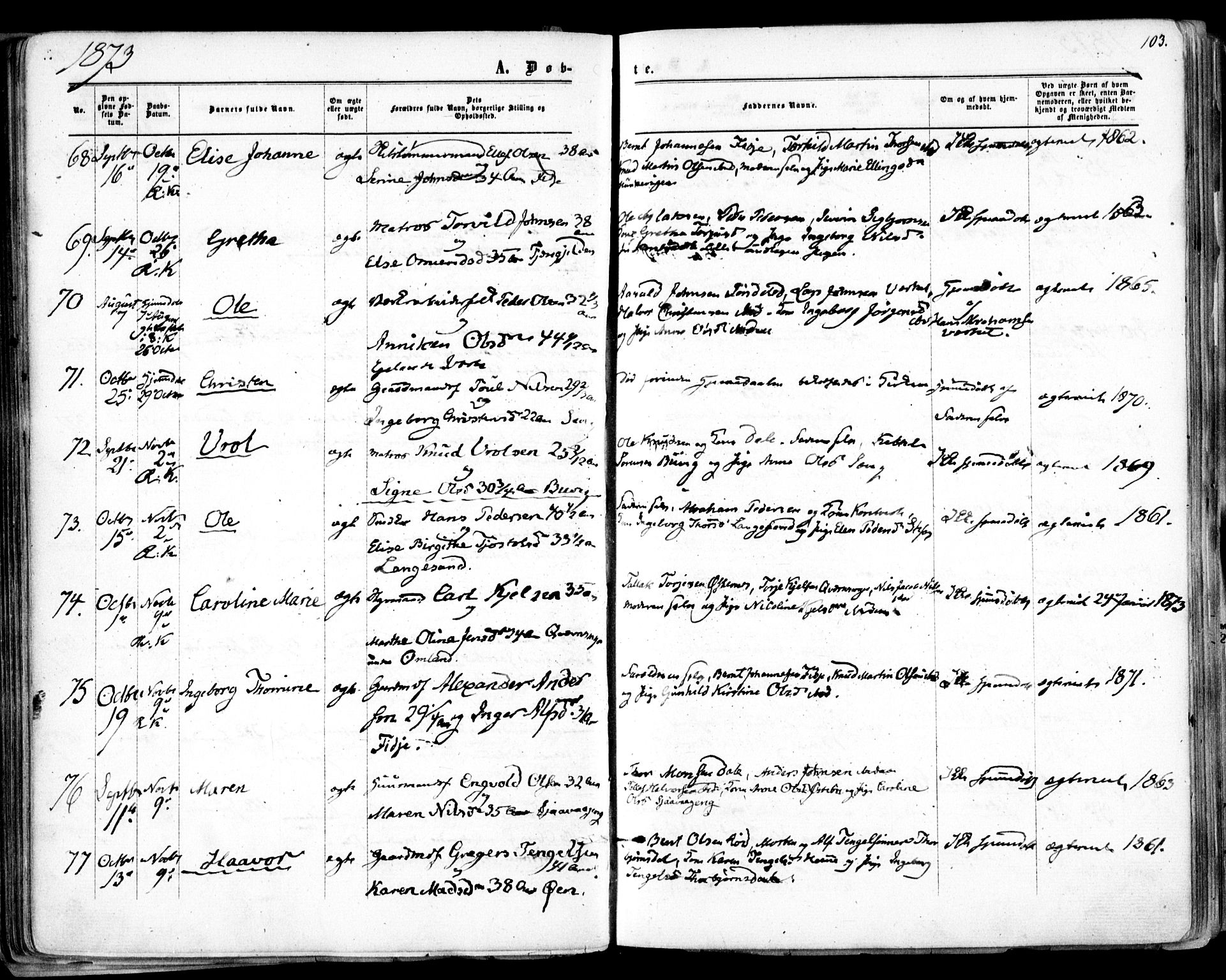 Søndeled sokneprestkontor, AV/SAK-1111-0038/F/Fa/L0003: Parish register (official) no. A 3, 1861-1879, p. 103